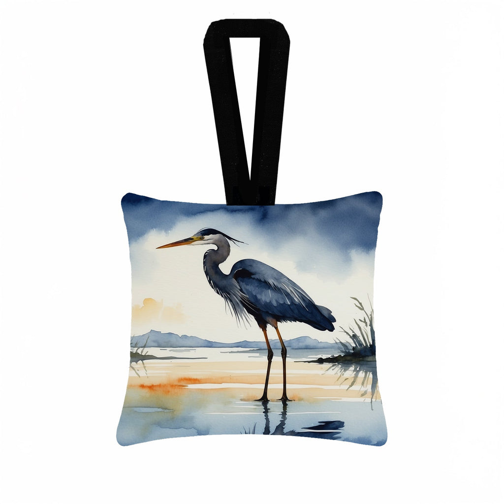 Great Blue Heron Shoreline Watercolor Hanging Square Fabric Ornament 3.5 × 3.5 Decorative Door-Knob & Tree Hanger, Soft Fabric