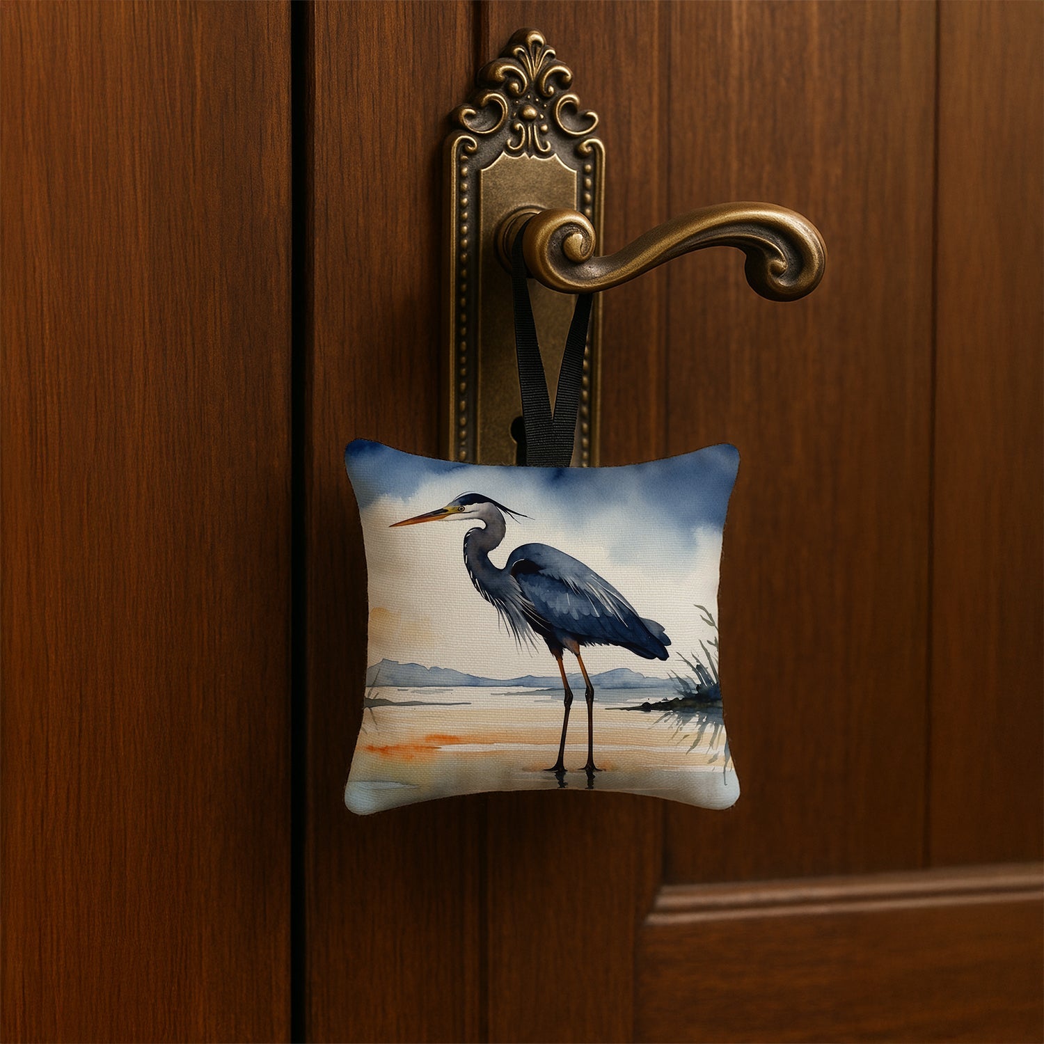 Great Blue Heron Shoreline Watercolor Hanging Square Fabric Ornament 3.5 × 3.5 Decorative Door-Knob & Tree Hanger, Soft Fabric