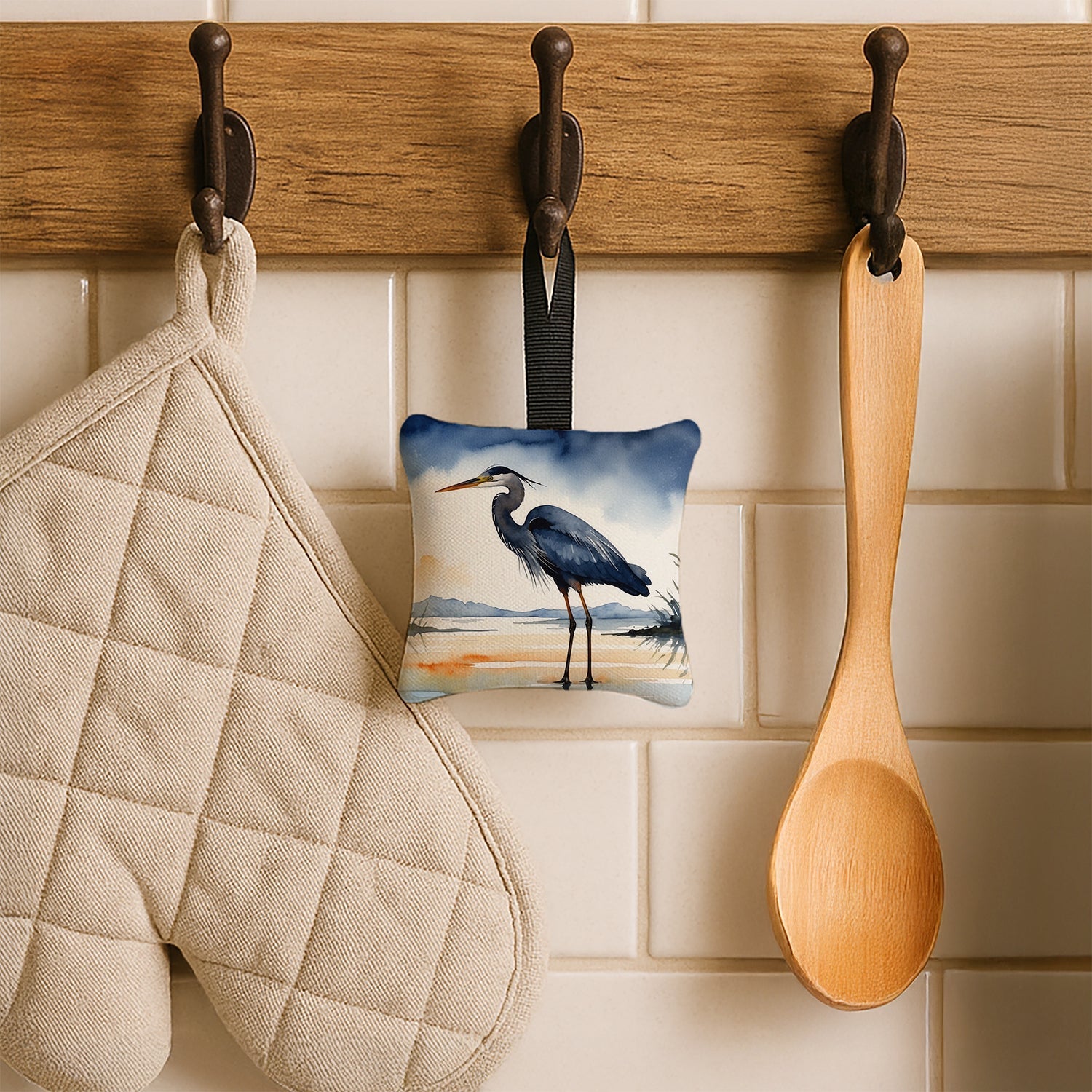 Great Blue Heron Shoreline Watercolor Hanging Square Fabric Ornament 3.5 × 3.5 Decorative Door-Knob & Tree Hanger, Soft Fabric
