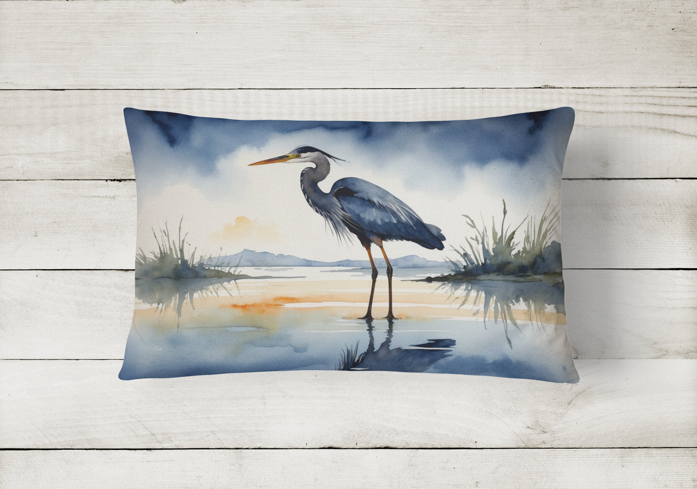 Great Blue Heron Shoreline Watercolor Decorative Throw Pillow 12x16 Indoor Outdoor Accent Cushion, Fabric Cover with Insert for Sofa, Bed, Porch & Living Room