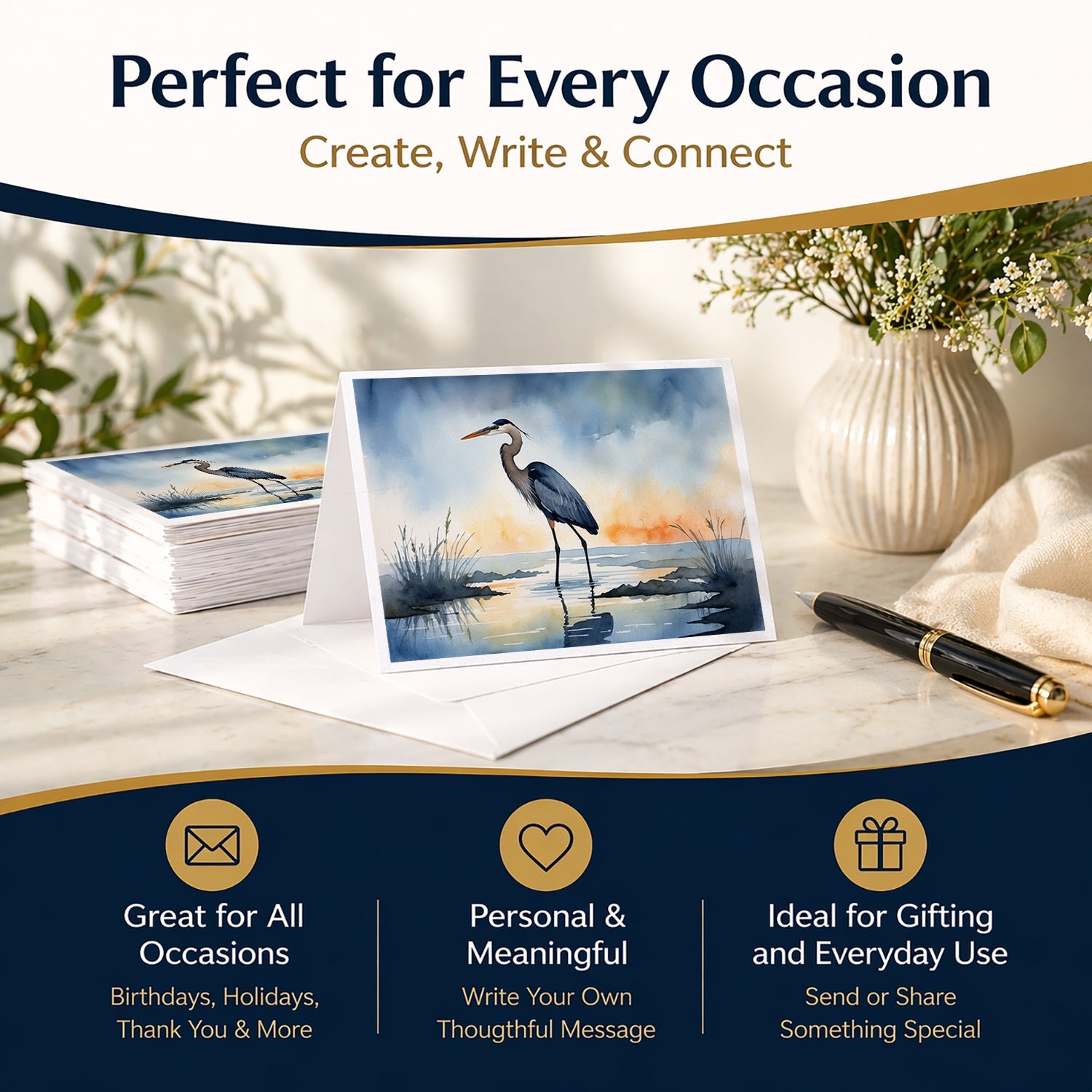 Great Blue Heron Minimal Marsh Watercolor Greeting Cards Pack of 8 Blank Cards with Envelopes Whimsical A7 Size 5x7