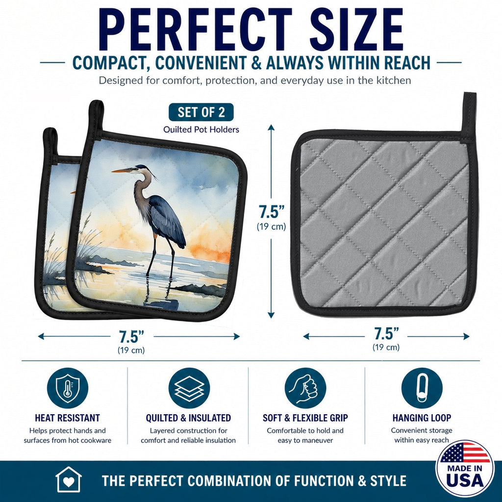 Great Blue Heron Minimal Marsh Watercolor Pot Holder Set of 2 Heat Resistant Quilted Hot Pads 7.5 x 7.5 Inch, Insulated Kitchen Trivets for Cooking & Baking