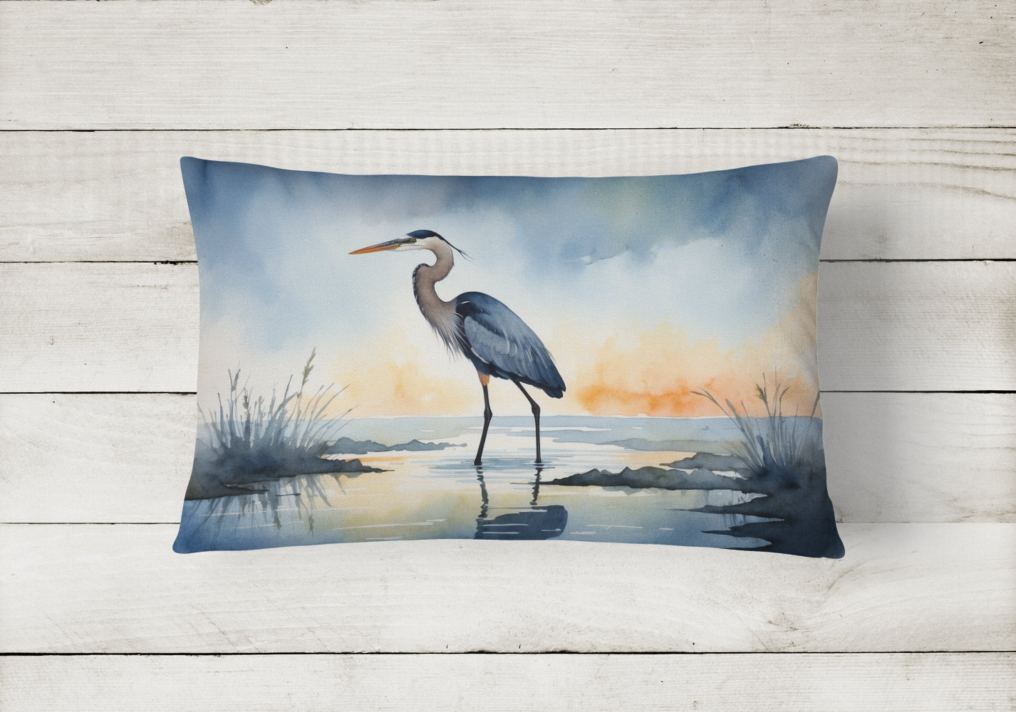 Great Blue Heron Minimal Marsh Watercolor Decorative Throw Pillow 12x16 Indoor Outdoor Accent Cushion, Fabric Cover with Insert for Sofa, Bed, Porch & Living Room