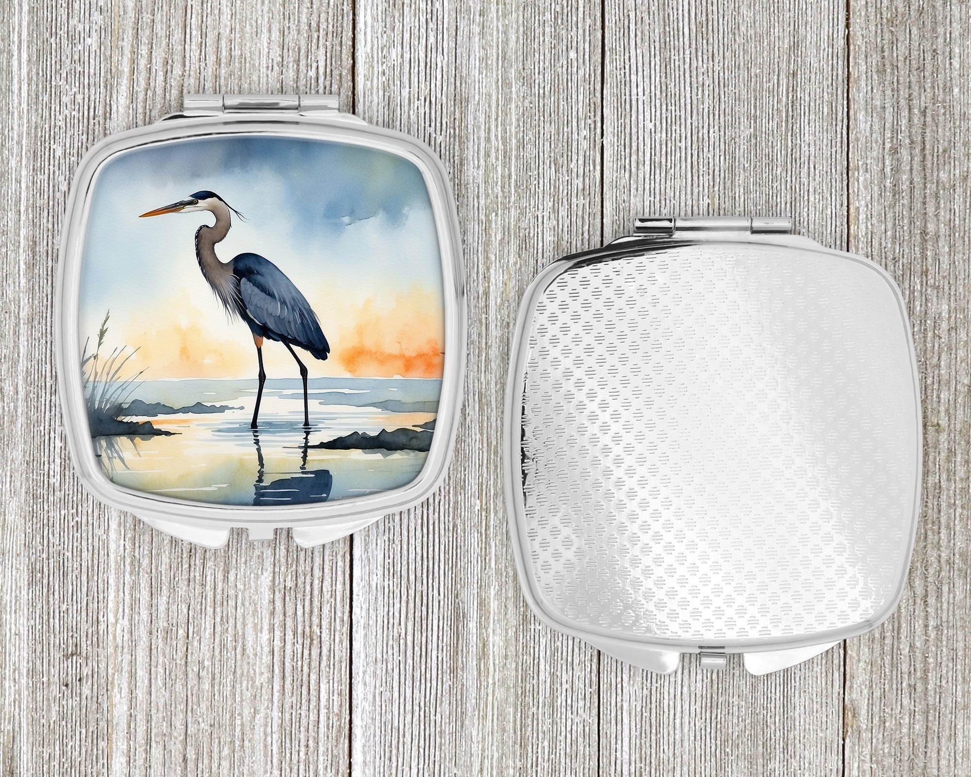 Great Blue Heron Minimal Marsh Watercolor Compact Mirror Decorative Travel Makeup Mirror for Women Girls Gifts Pocket Makeup Mirror Folding Handheld