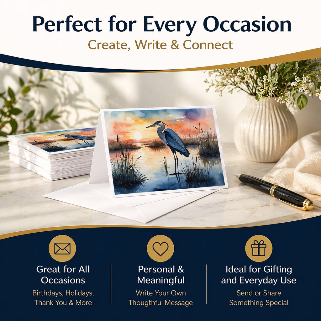 Great Blue Heron Sunset Marsh Watercolor Greeting Cards Pack of 8 Blank Cards with Envelopes Whimsical A7 Size 5x7
