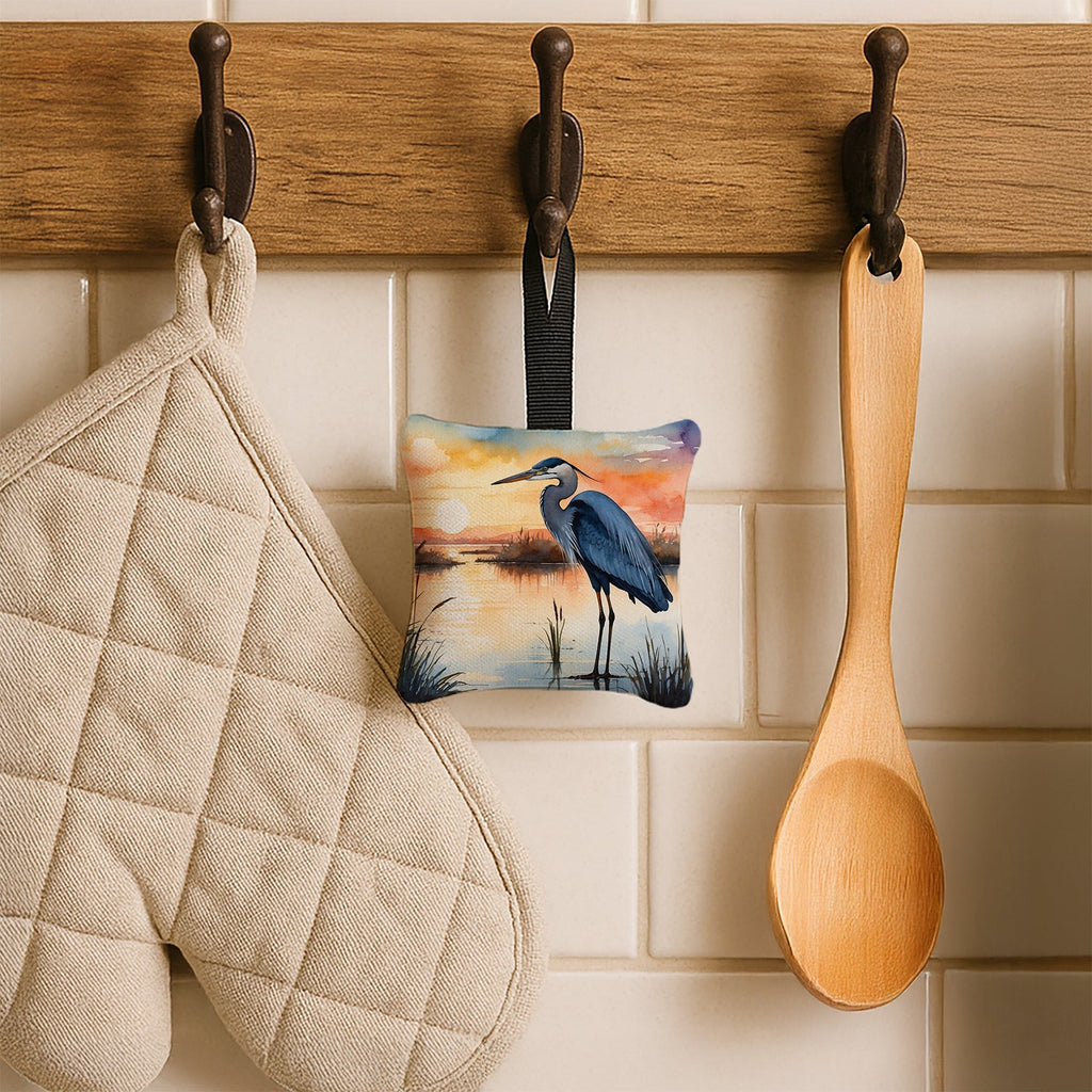 Great Blue Heron Sunset Marsh Watercolor Hanging Square Fabric Ornament 3.5 × 3.5 Decorative Door-Knob & Tree Hanger, Soft Fabric
