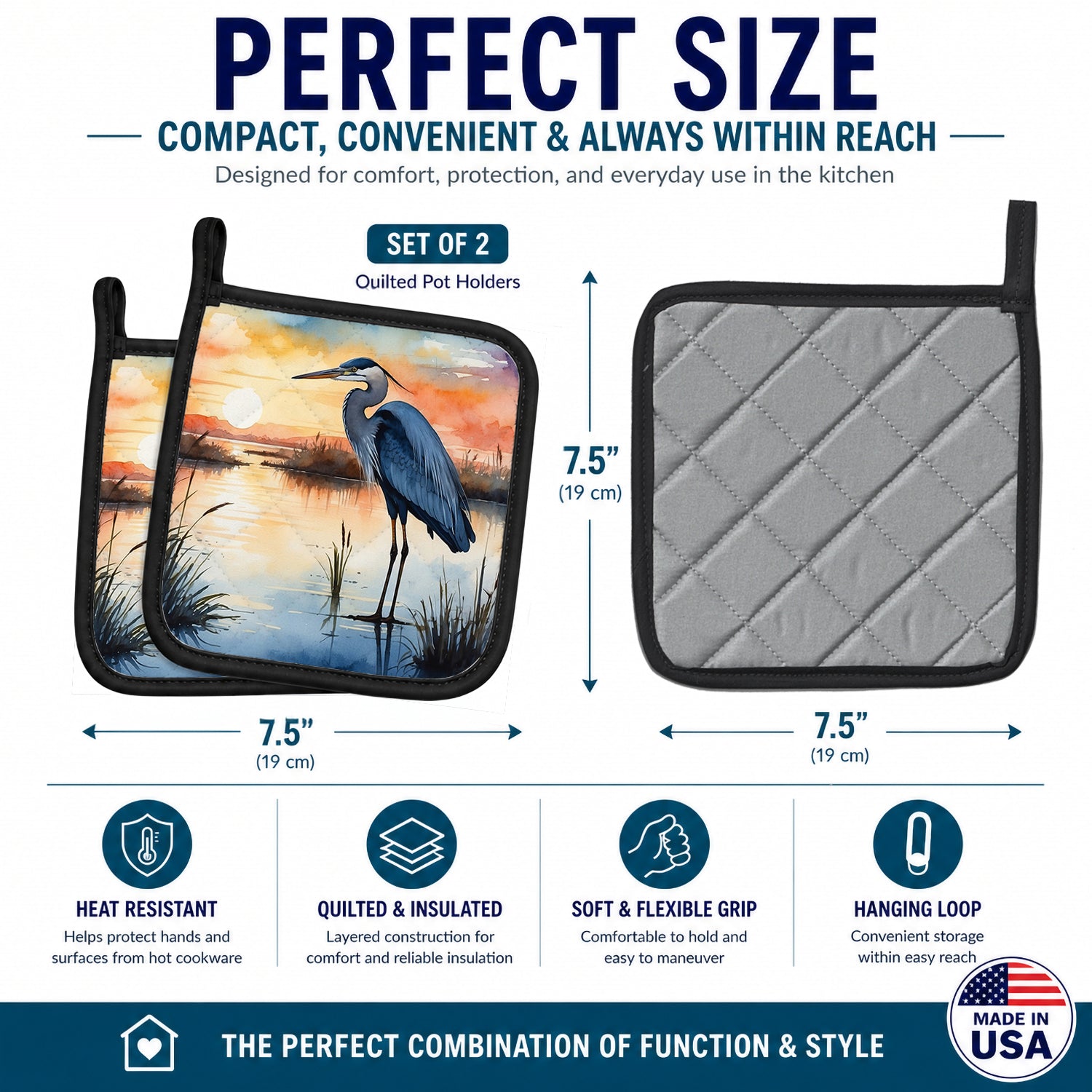 Great Blue Heron Sunset Marsh Watercolor Pot Holder Set of 2 Heat Resistant Quilted Hot Pads 7.5 x 7.5 Inch, Insulated Kitchen Trivets for Cooking & Baking