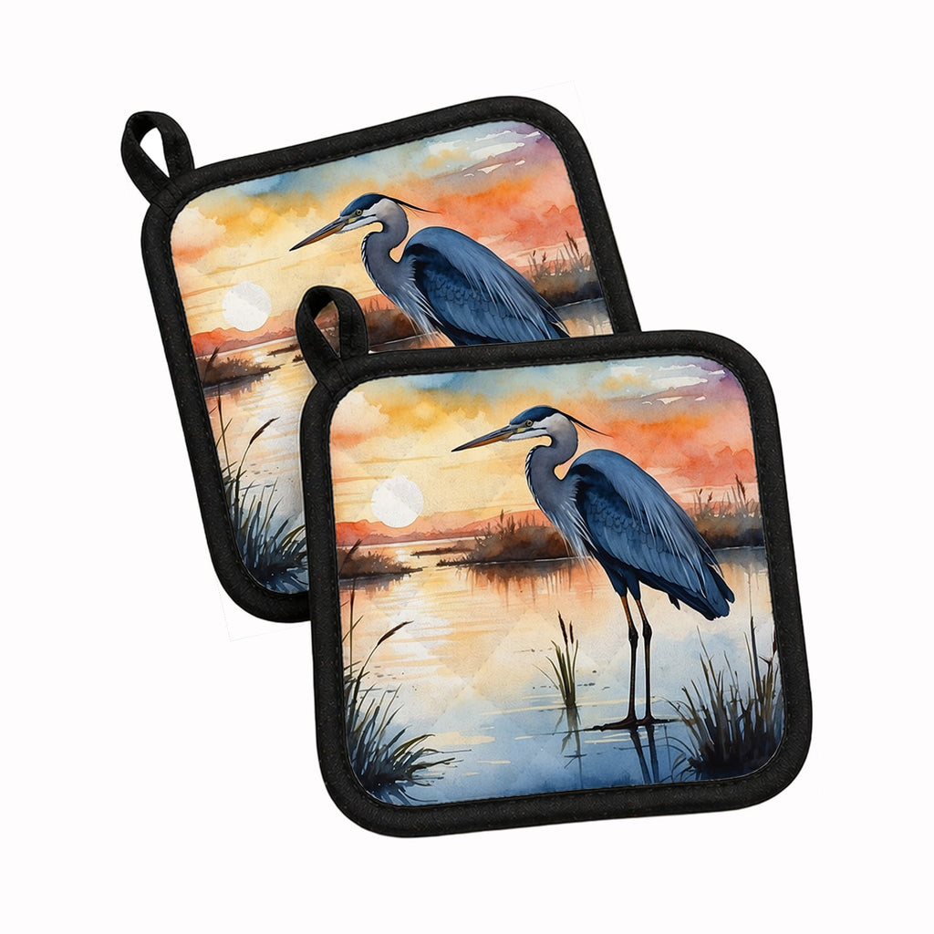 Great Blue Heron Sunset Marsh Watercolor Pot Holder Set of 2 Heat Resistant Quilted Hot Pads 7.5 x 7.5 Inch, Insulated Kitchen Trivets for Cooking & Baking