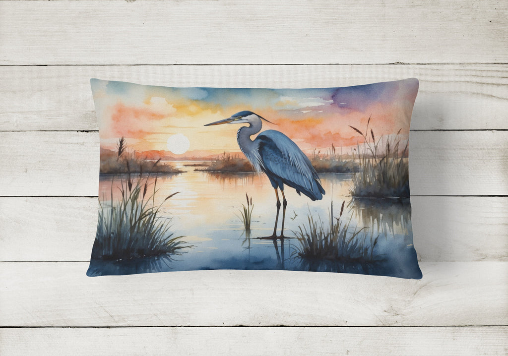 Great Blue Heron Sunset Marsh Watercolor Decorative Throw Pillow 12x16 Indoor Outdoor Accent Cushion, Fabric Cover with Insert for Sofa, Bed, Porch & Living Room