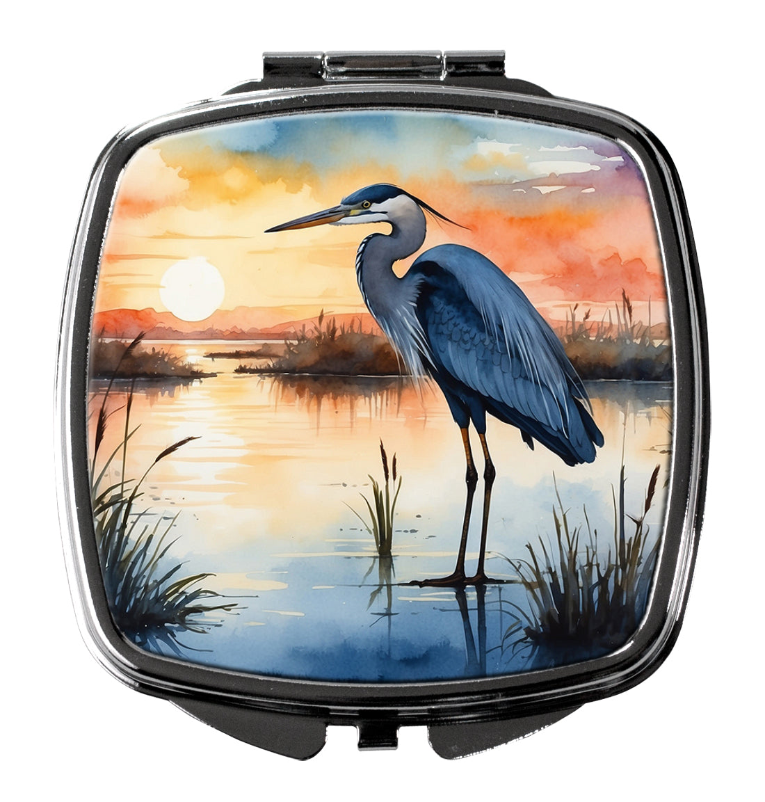 Great Blue Heron Sunset Marsh Watercolor Compact Mirror Decorative Travel Makeup Mirror for Women Girls Gifts Pocket Makeup Mirror Folding Handheld