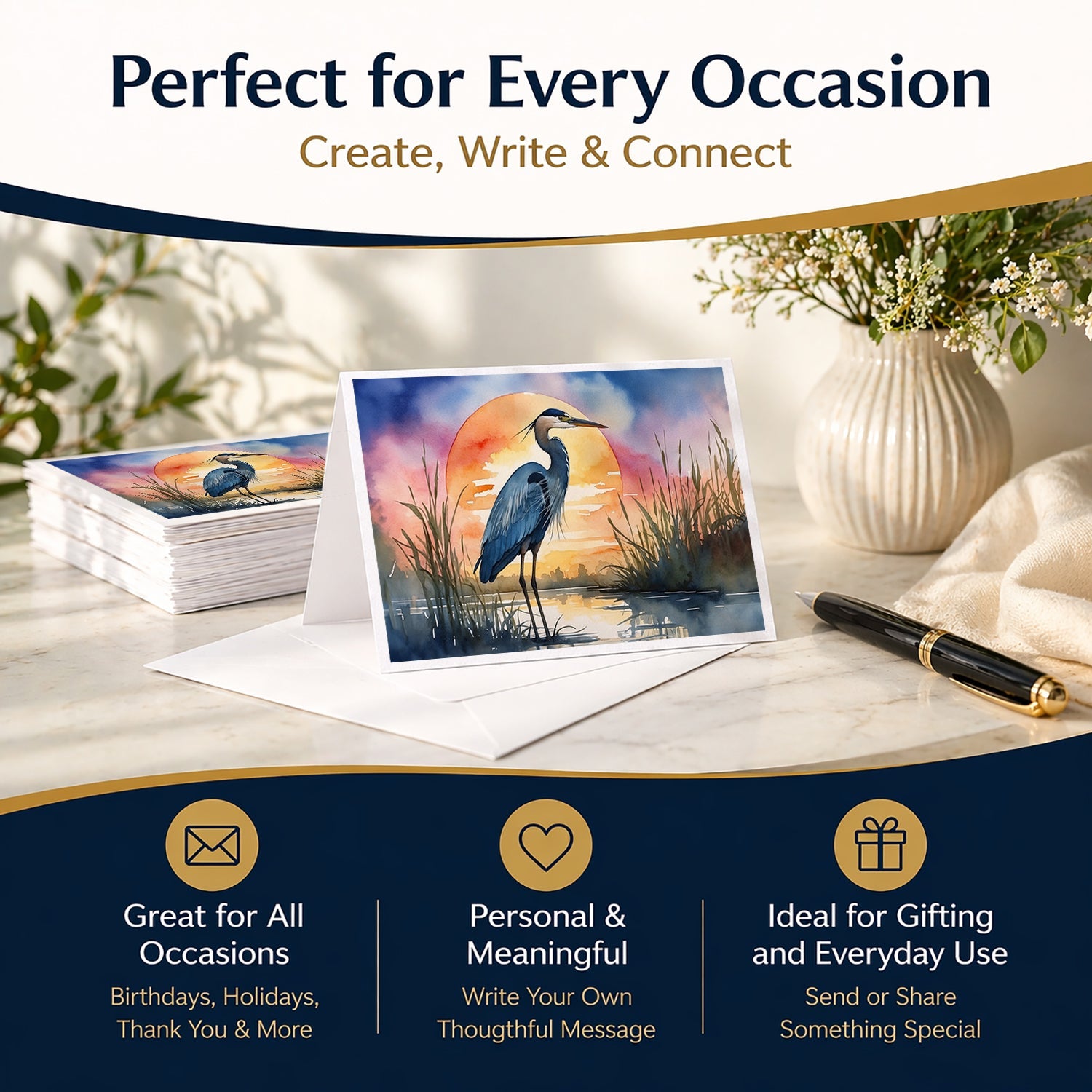 Great Blue Heron Bold Sunset Watercolor Greeting Cards Pack of 8 Blank Cards with Envelopes Whimsical A7 Size 5x7