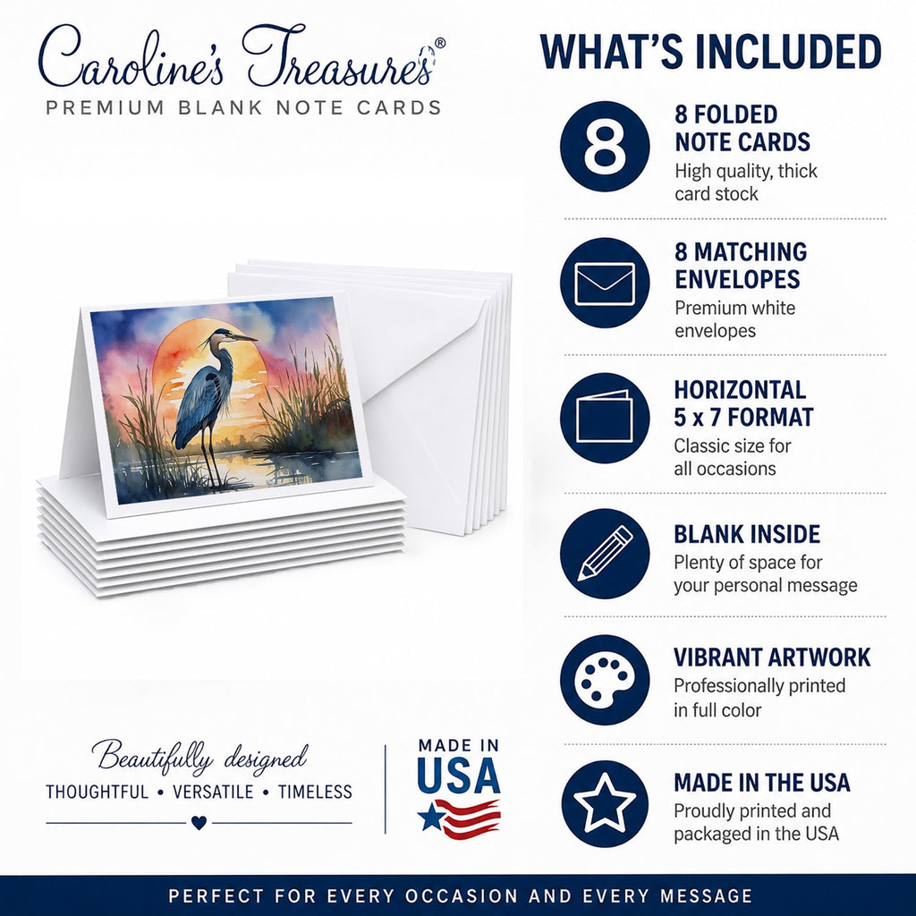 Great Blue Heron Bold Sunset Watercolor Greeting Cards Pack of 8 Blank Cards with Envelopes Whimsical A7 Size 5x7