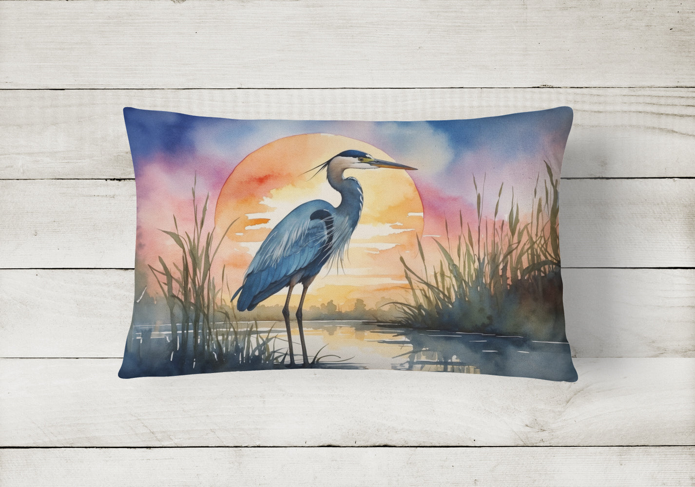 Great Blue Heron Bold Sunset Watercolor Decorative Throw Pillow 12x16 Indoor Outdoor Accent Cushion, Fabric Cover with Insert for Sofa, Bed, Porch & Living Room