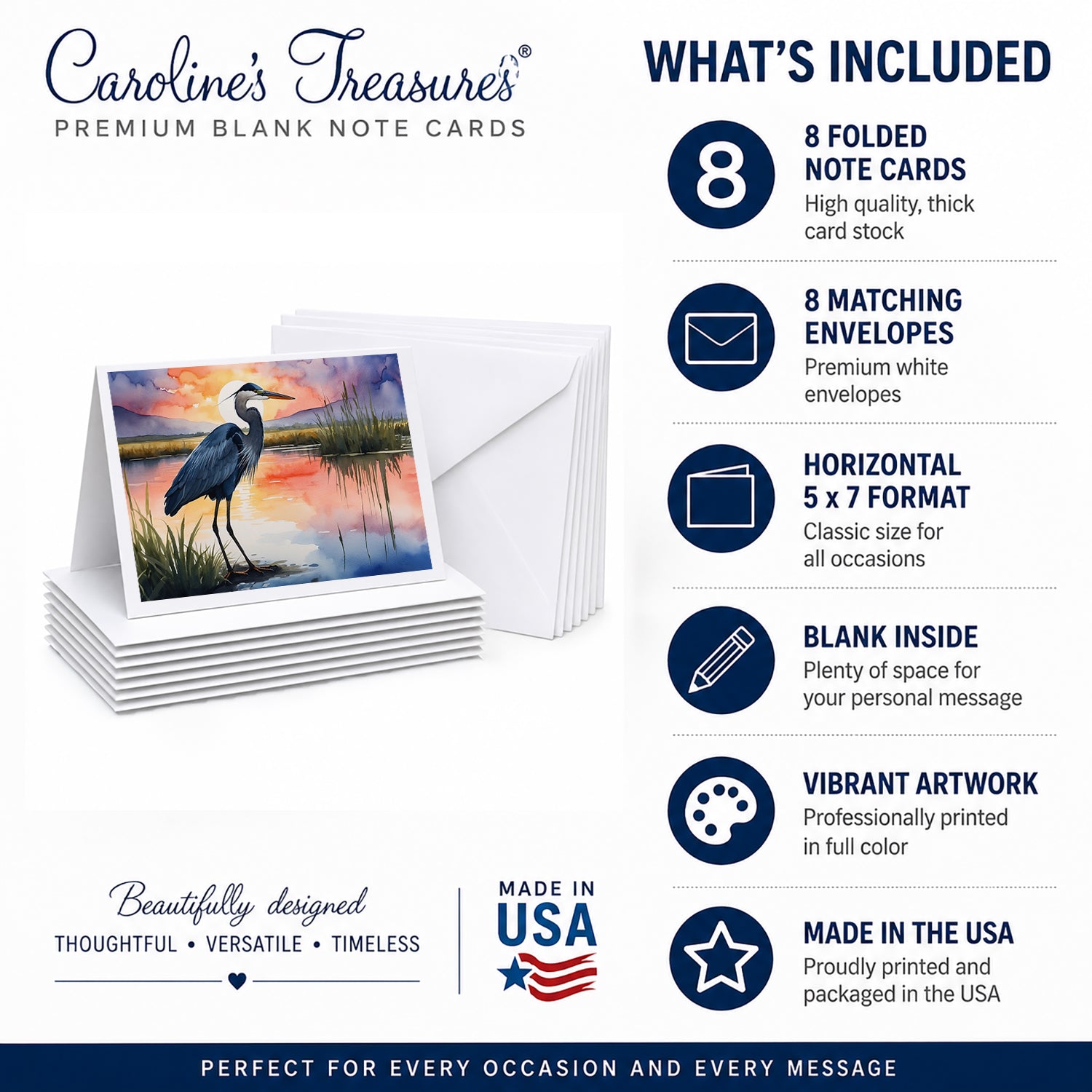 Great Blue Heron Evening Reflection Watercolor Greeting Cards Pack of 8 Blank Cards with Envelopes Whimsical A7 Size 5x7