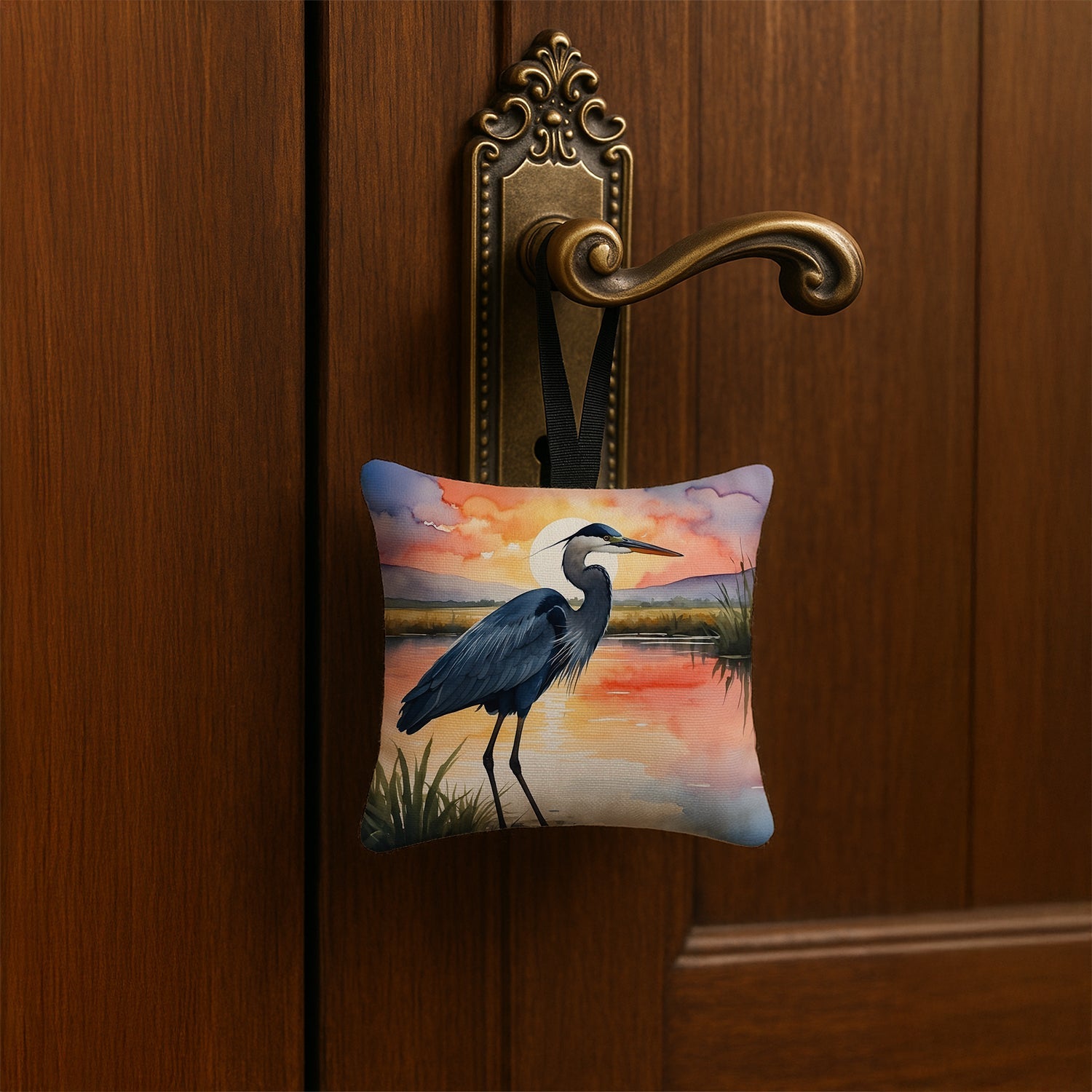 Great Blue Heron Evening Reflection Watercolor Hanging Square Fabric Ornament 3.5 × 3.5 Decorative Door-Knob & Tree Hanger, Soft Fabric