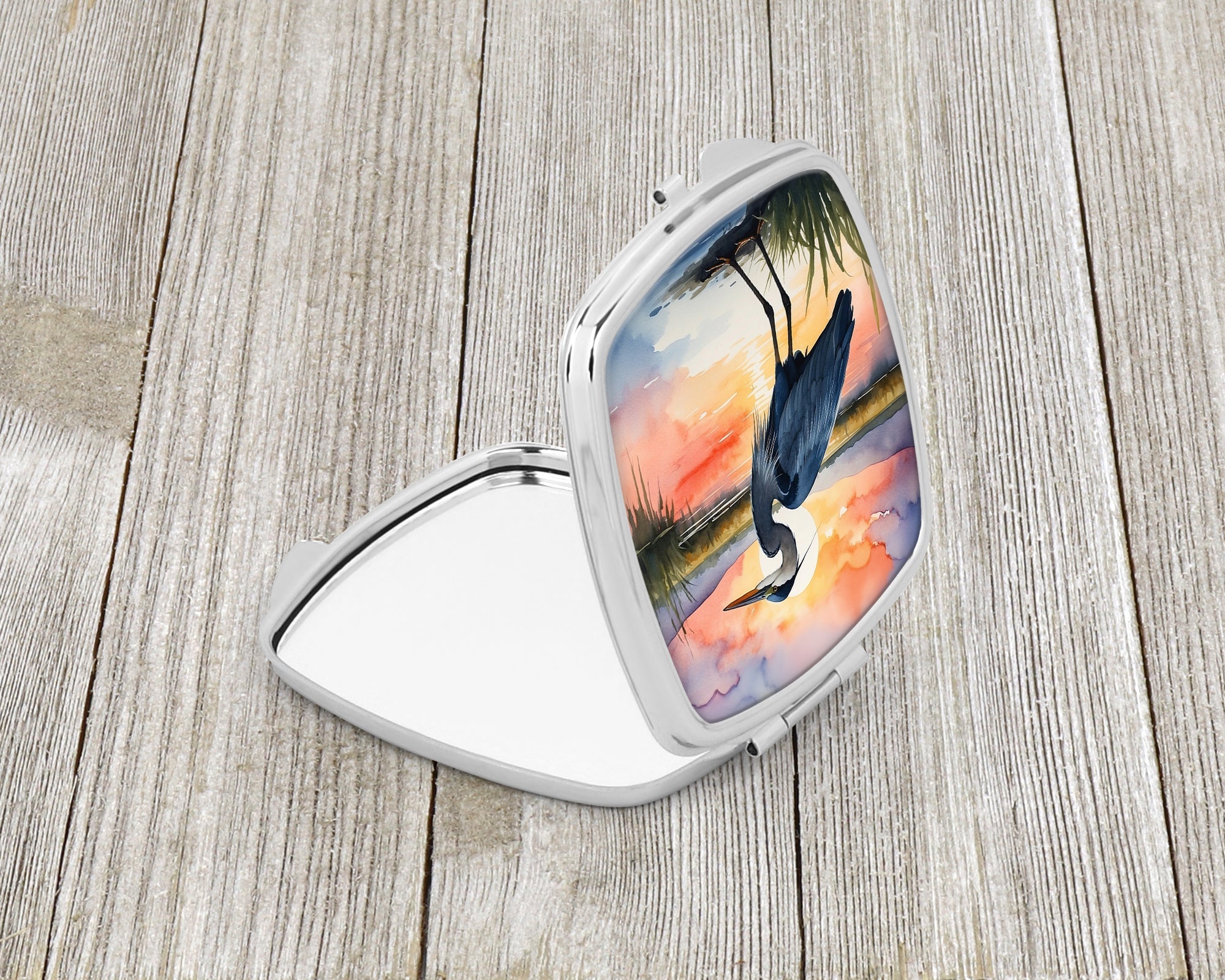 Great Blue Heron Evening Reflection Watercolor Compact Mirror Decorative Travel Makeup Mirror for Women Girls Gifts Pocket Makeup Mirror Folding Handheld