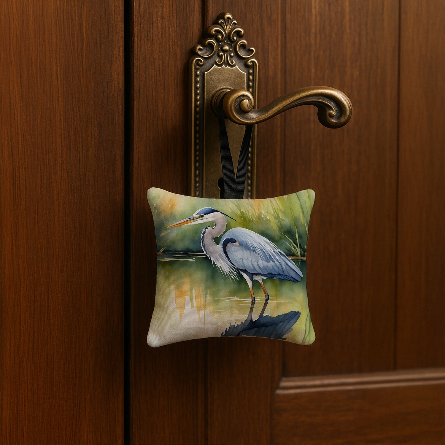 Great Blue Heron Green Marsh Watercolor Hanging Square Fabric Ornament 3.5 × 3.5 Decorative Door-Knob & Tree Hanger, Soft Fabric