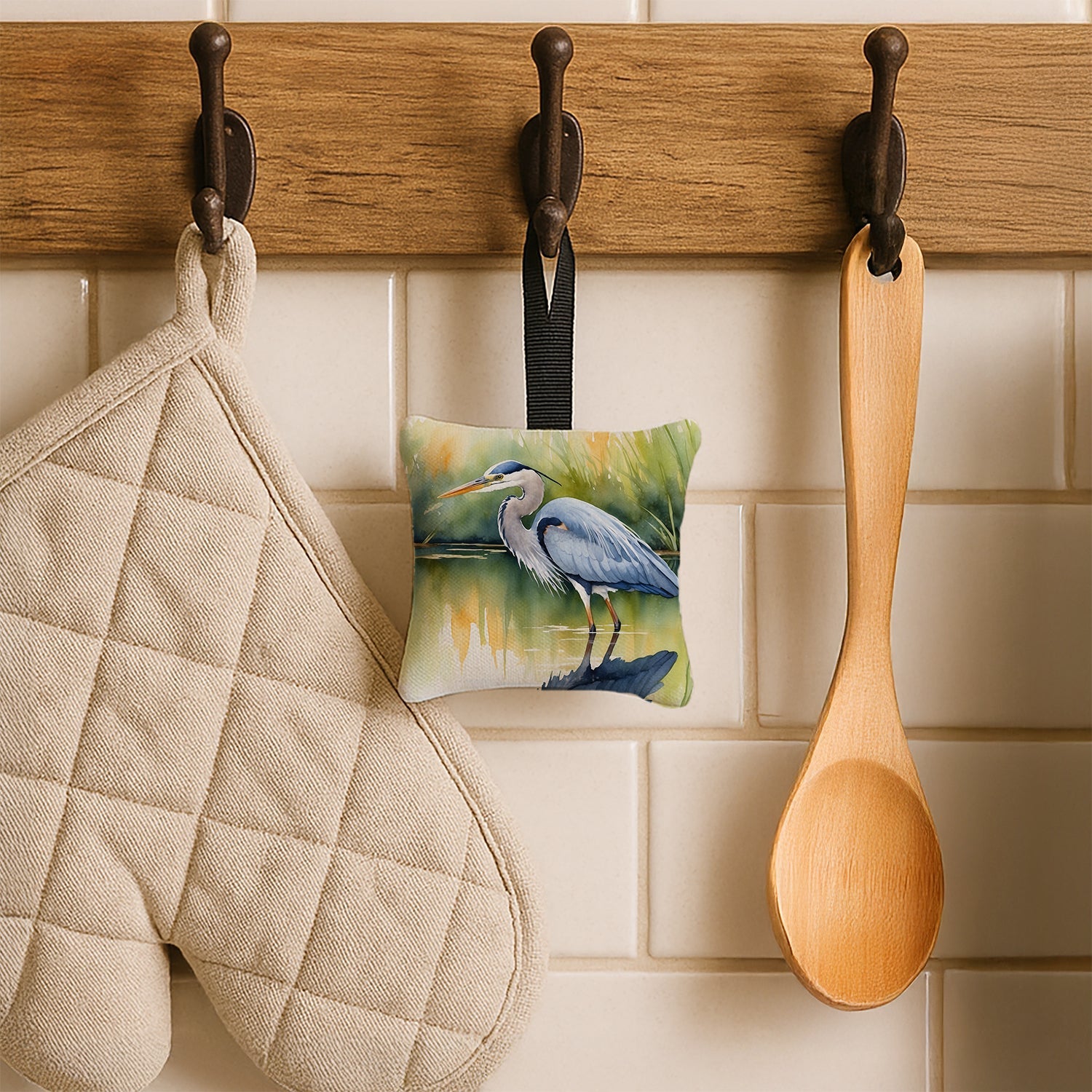 Great Blue Heron Green Marsh Watercolor Hanging Square Fabric Ornament 3.5 × 3.5 Decorative Door-Knob & Tree Hanger, Soft Fabric