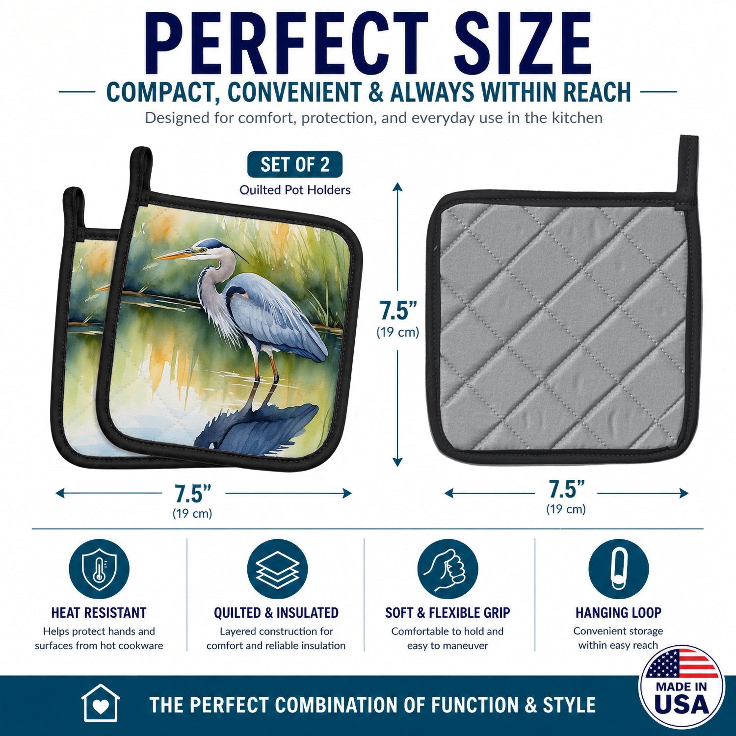 Great Blue Heron Green Marsh Watercolor Pot Holder Set of 2 Heat Resistant Quilted Hot Pads 7.5 x 7.5 Inch, Insulated Kitchen Trivets for Cooking & Baking