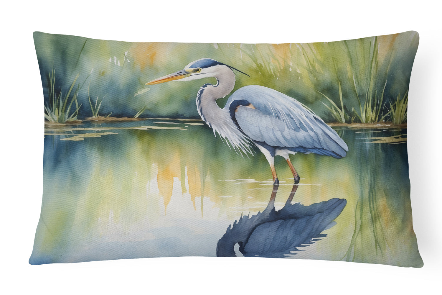 Great Blue Heron Green Marsh Watercolor Decorative Throw Pillow 12x16 Indoor Outdoor Accent Cushion, Fabric Cover with Insert for Sofa, Bed, Porch & Living Room