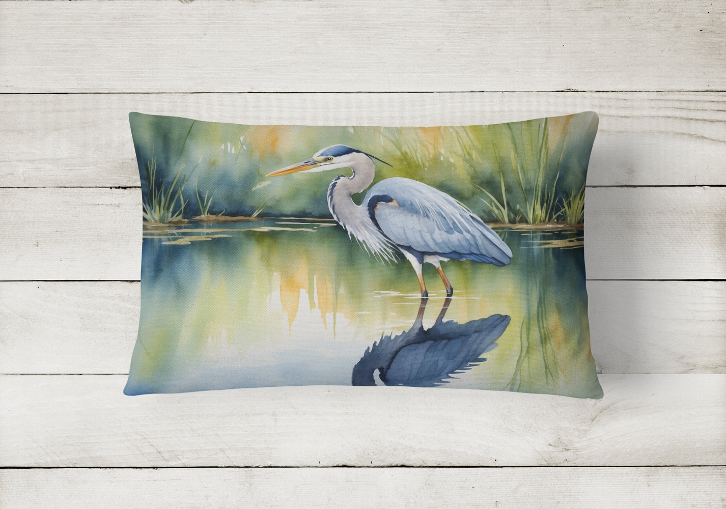 Great Blue Heron Green Marsh Watercolor Decorative Throw Pillow 12x16 Indoor Outdoor Accent Cushion, Fabric Cover with Insert for Sofa, Bed, Porch & Living Room