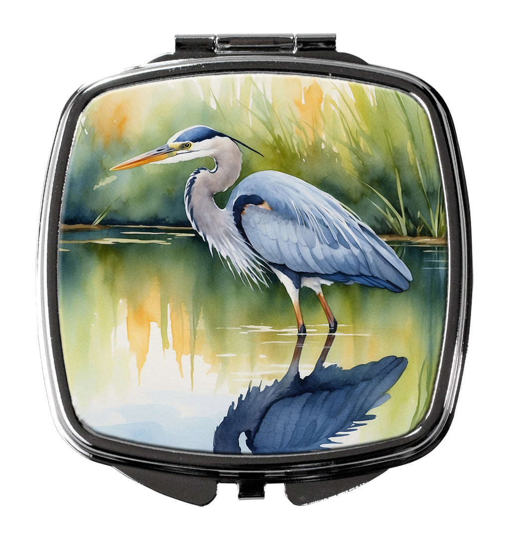 Great Blue Heron Green Marsh Watercolor Compact Mirror Decorative Travel Makeup Mirror for Women Girls Gifts Pocket Makeup Mirror Folding Handheld