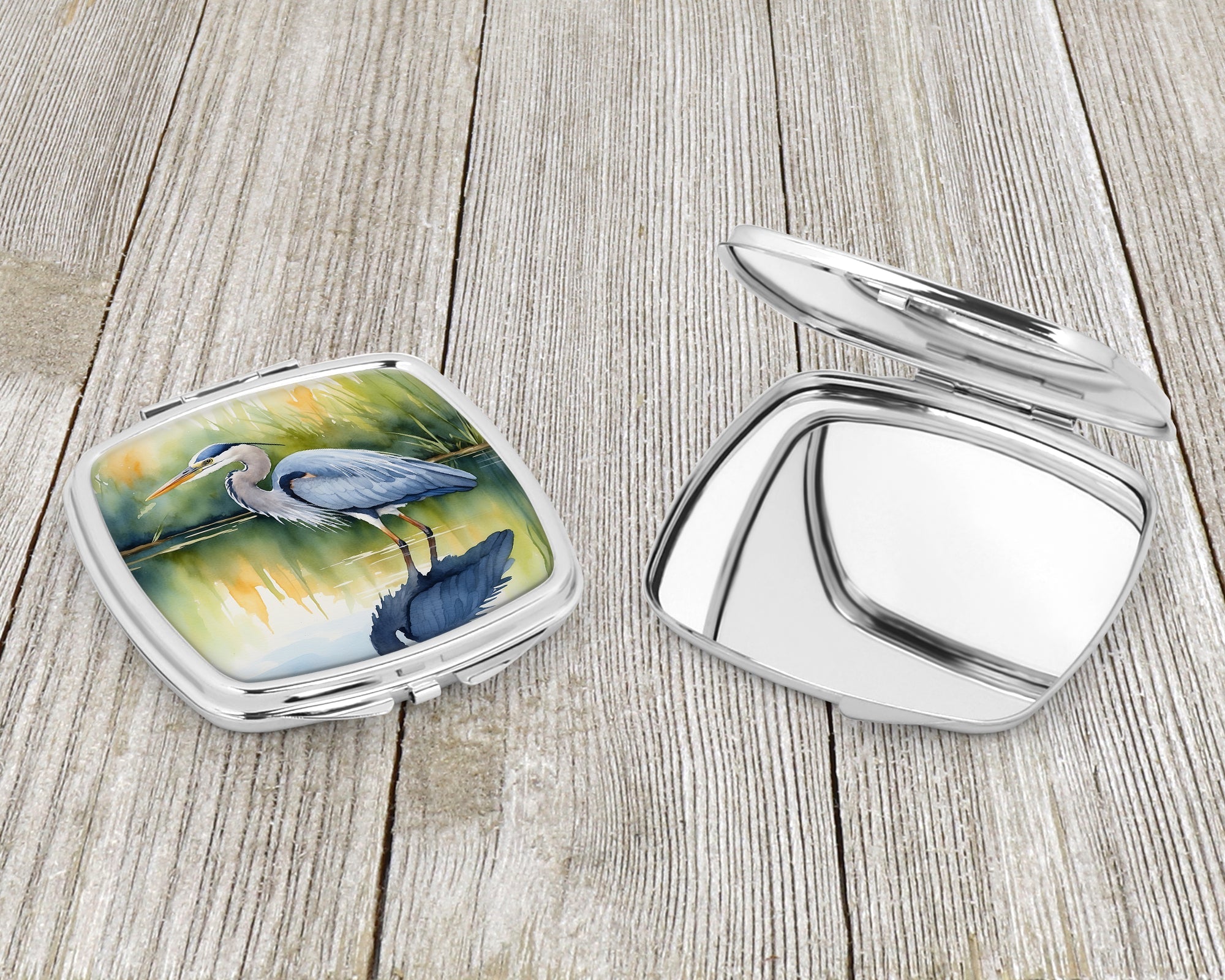 Great Blue Heron Green Marsh Watercolor Compact Mirror Decorative Travel Makeup Mirror for Women Girls Gifts Pocket Makeup Mirror Folding Handheld