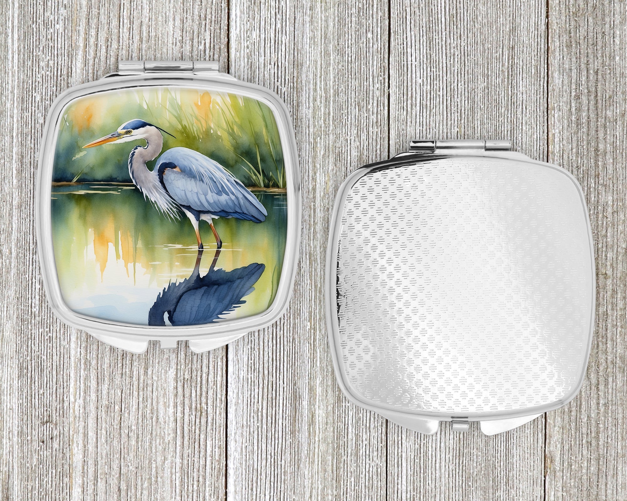 Great Blue Heron Green Marsh Watercolor Compact Mirror Decorative Travel Makeup Mirror for Women Girls Gifts Pocket Makeup Mirror Folding Handheld