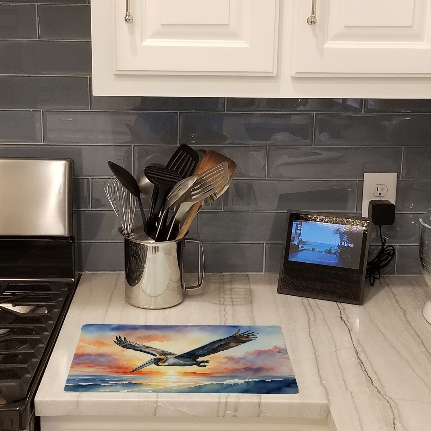 Pelican Sunset Flight Ocean Watercolor Cutting Board Tempered Glass Kitchen Cutting Surface, Heat Resistant Chopping, Non-Slip Feet, Food Prep & Serving