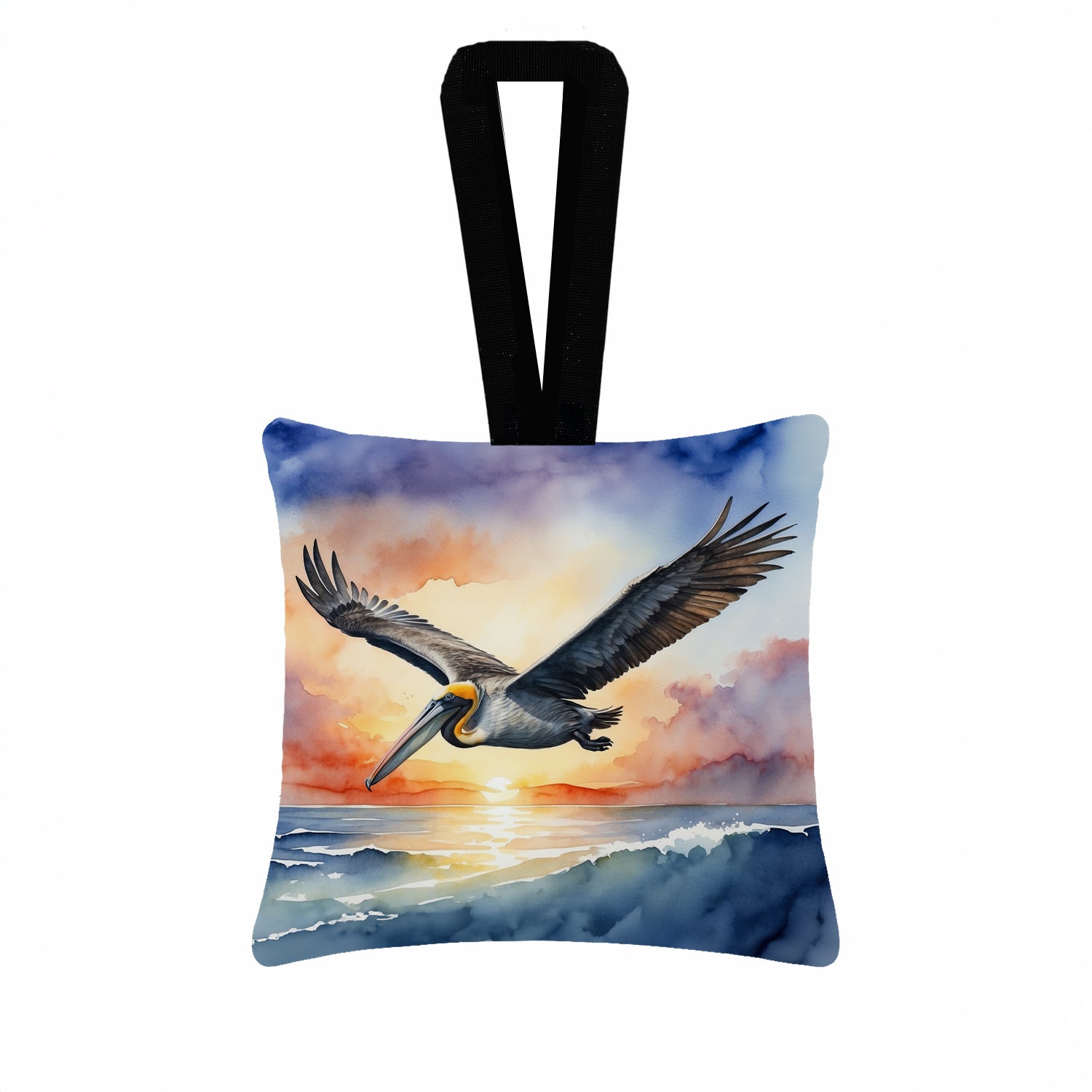 Pelican Sunset Flight Ocean Watercolor Hanging Square Fabric Ornament 3.5 × 3.5 Decorative Door-Knob & Tree Hanger, Soft Fabric