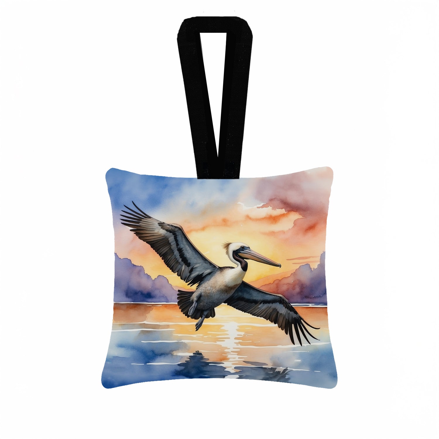Pelican Flying Over Ocean Sunset Watercolor Hanging Square Fabric Ornament 3.5 × 3.5 Decorative Door-Knob & Tree Hanger, Soft Fabric