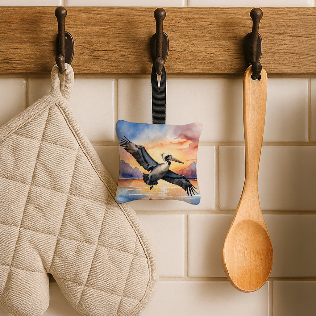 Pelican Flying Over Ocean Sunset Watercolor Hanging Square Fabric Ornament 3.5 × 3.5 Decorative Door-Knob & Tree Hanger, Soft Fabric
