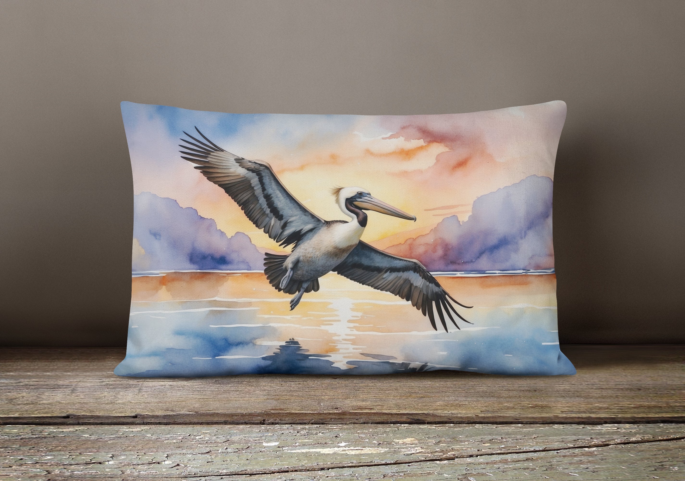 Pelican Flying Over Ocean Sunset Watercolor Decorative Throw Pillow 12x16 Indoor Outdoor Accent Cushion, Fabric Cover with Insert for Sofa, Bed, Porch & Living Room
