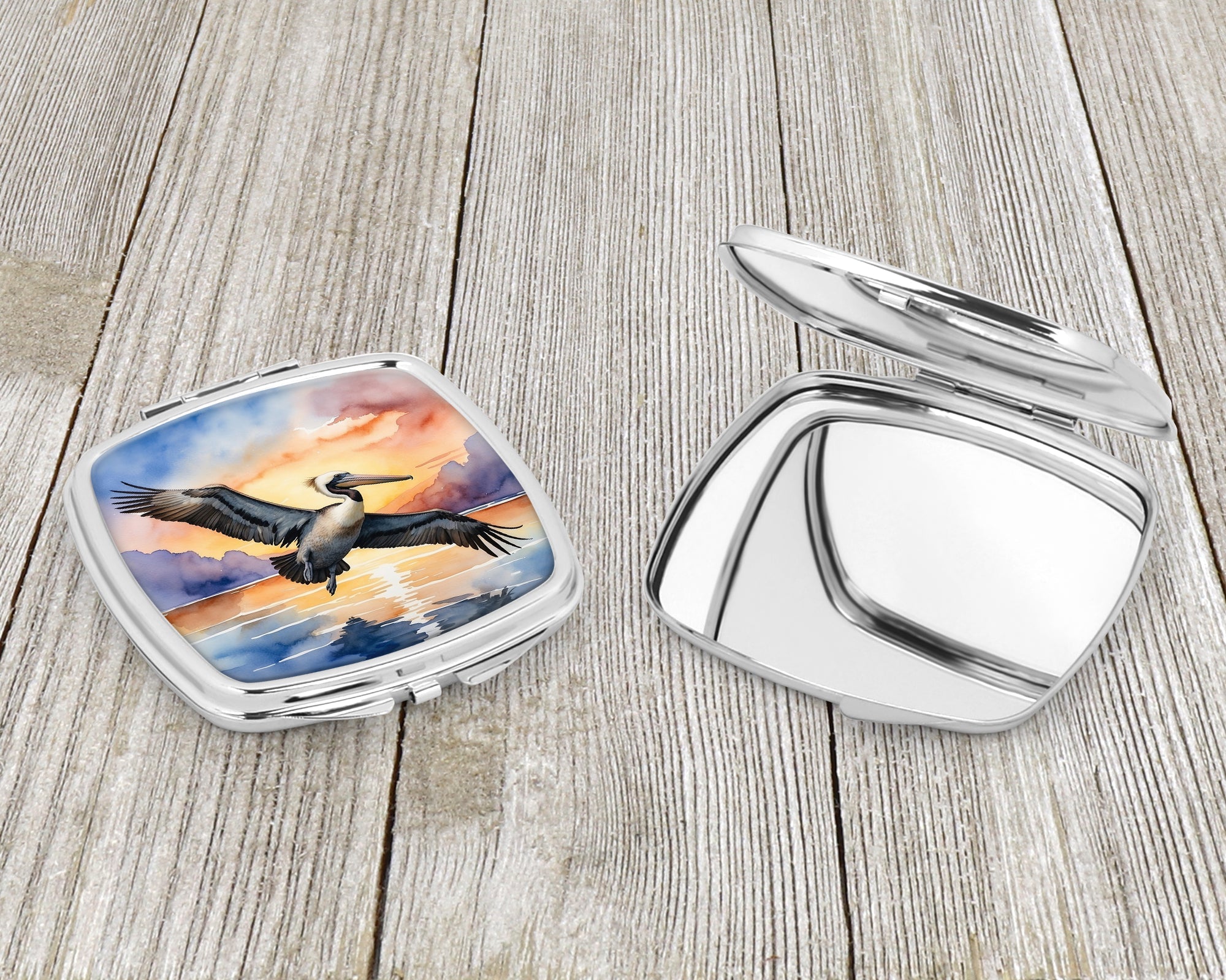 Pelican Flying Over Ocean Sunset Watercolor Compact Mirror Decorative Travel Makeup Mirror for Women Girls Gifts Pocket Makeup Mirror Folding Handheld