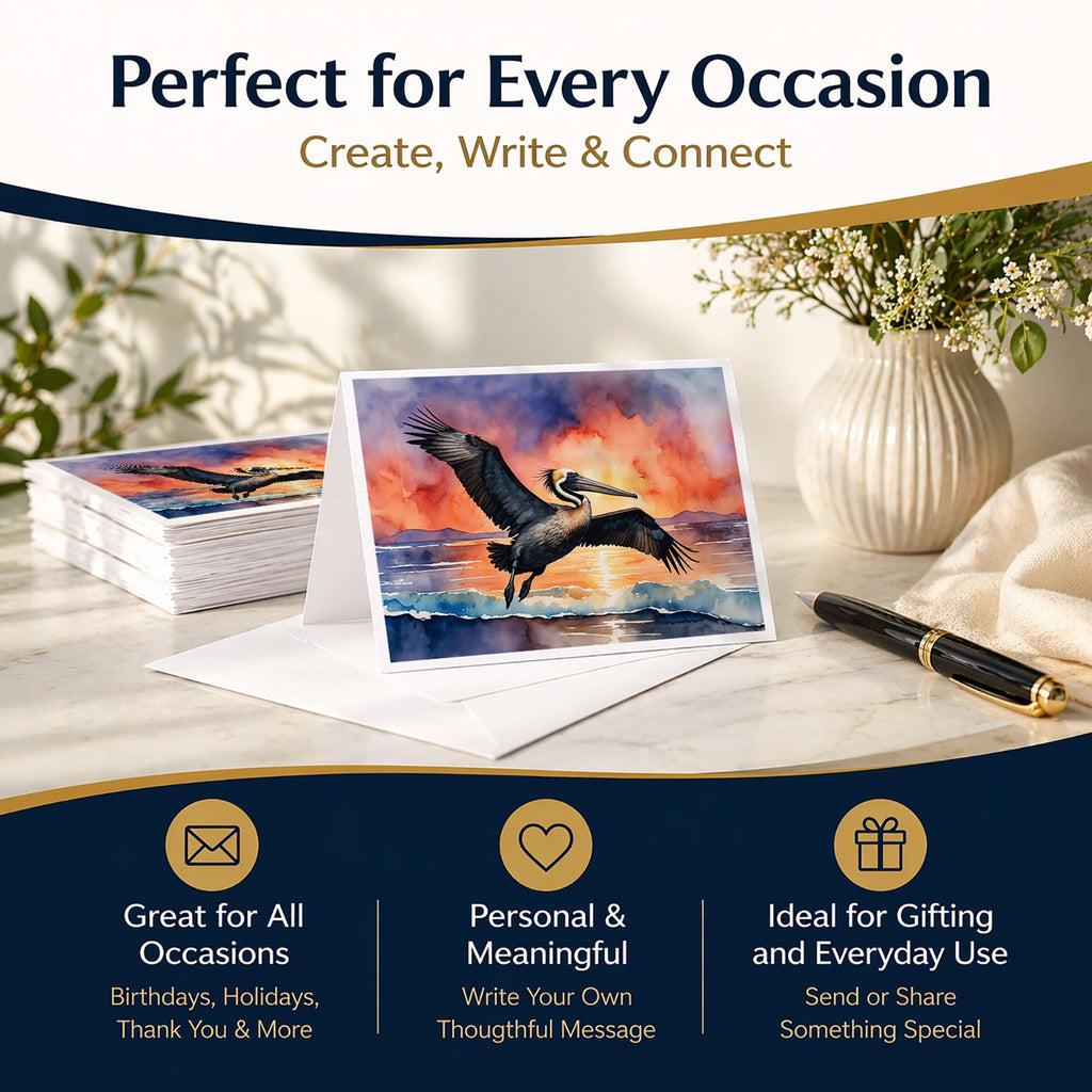 Pelican Coastal Sunset Flight Watercolor Greeting Cards Pack of 8 Blank Cards with Envelopes Whimsical A7 Size 5x7