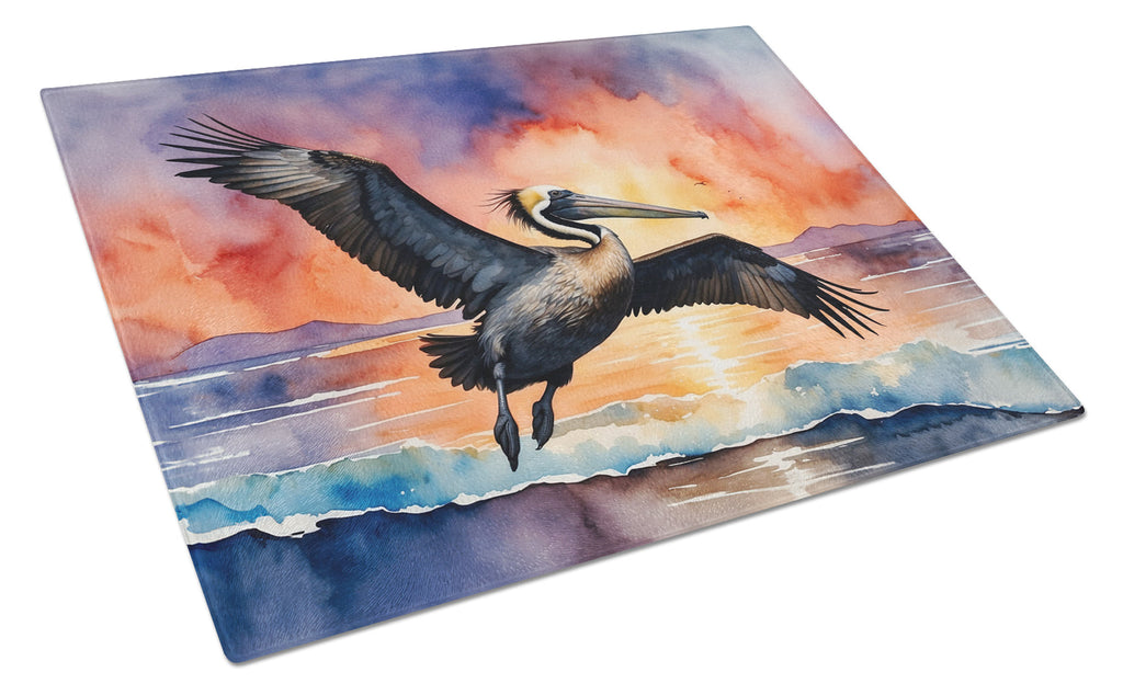 Pelican Coastal Sunset Flight Watercolor Cutting Board Tempered Glass Kitchen Cutting Surface, Heat Resistant Chopping, Non-Slip Feet, Food Prep & Serving