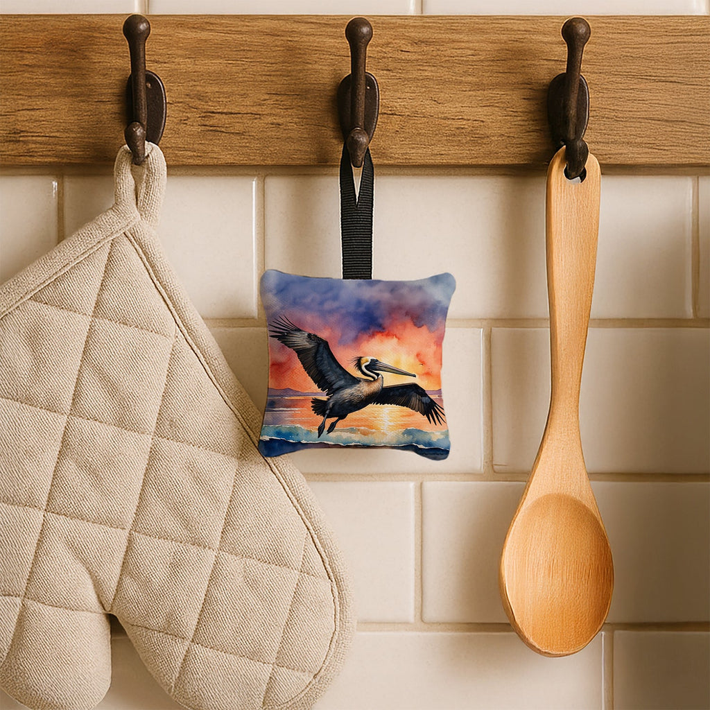 Pelican Coastal Sunset Flight Watercolor Hanging Square Fabric Ornament 3.5 × 3.5 Decorative Door-Knob & Tree Hanger, Soft Fabric