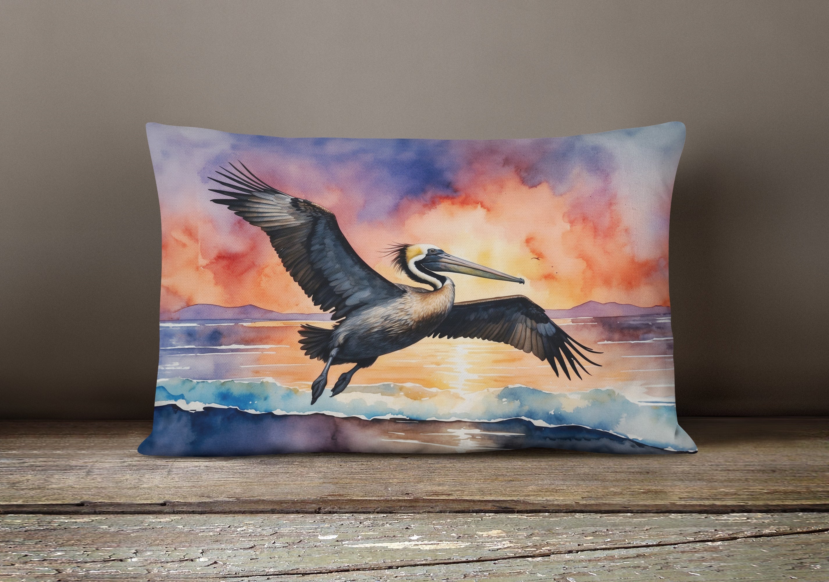 Pelican Coastal Sunset Flight Watercolor Decorative Throw Pillow 12x16 Indoor Outdoor Accent Cushion, Fabric Cover with Insert for Sofa, Bed, Porch & Living Room