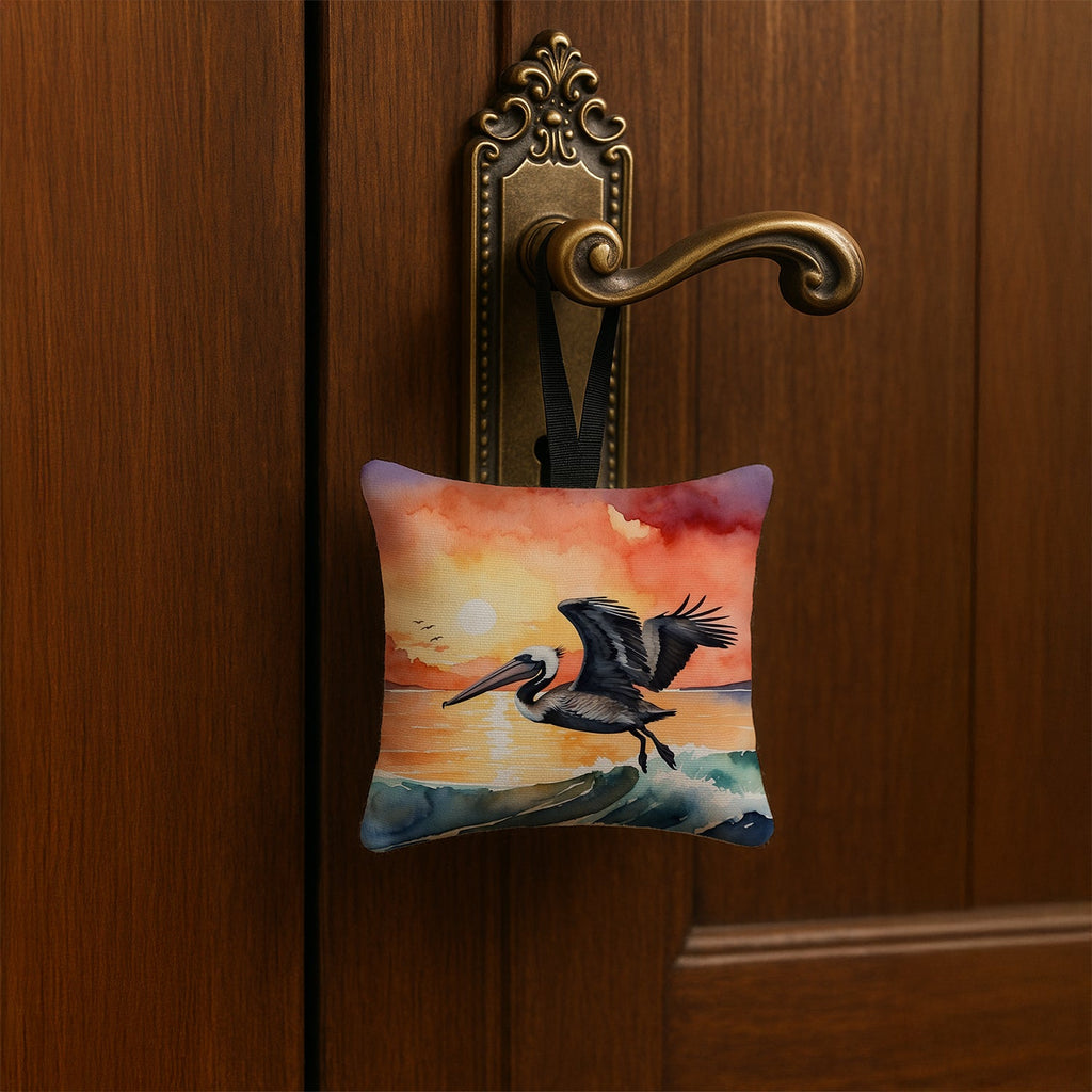 Pelican Ocean Waves Sunset Watercolor Hanging Square Fabric Ornament 3.5 × 3.5 Decorative Door-Knob & Tree Hanger, Soft Fabric