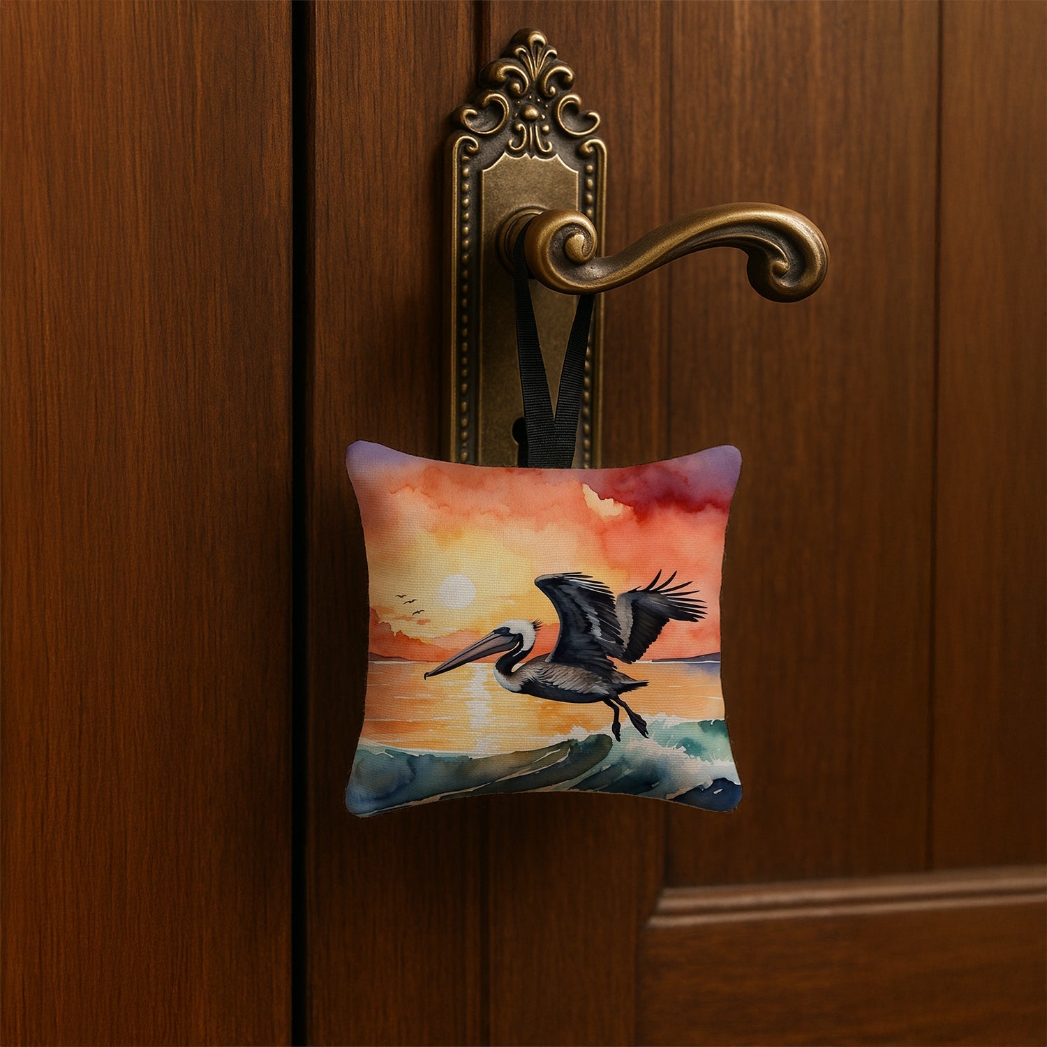 Pelican Ocean Waves Sunset Watercolor Hanging Square Fabric Ornament 3.5 × 3.5 Decorative Door-Knob & Tree Hanger, Soft Fabric
