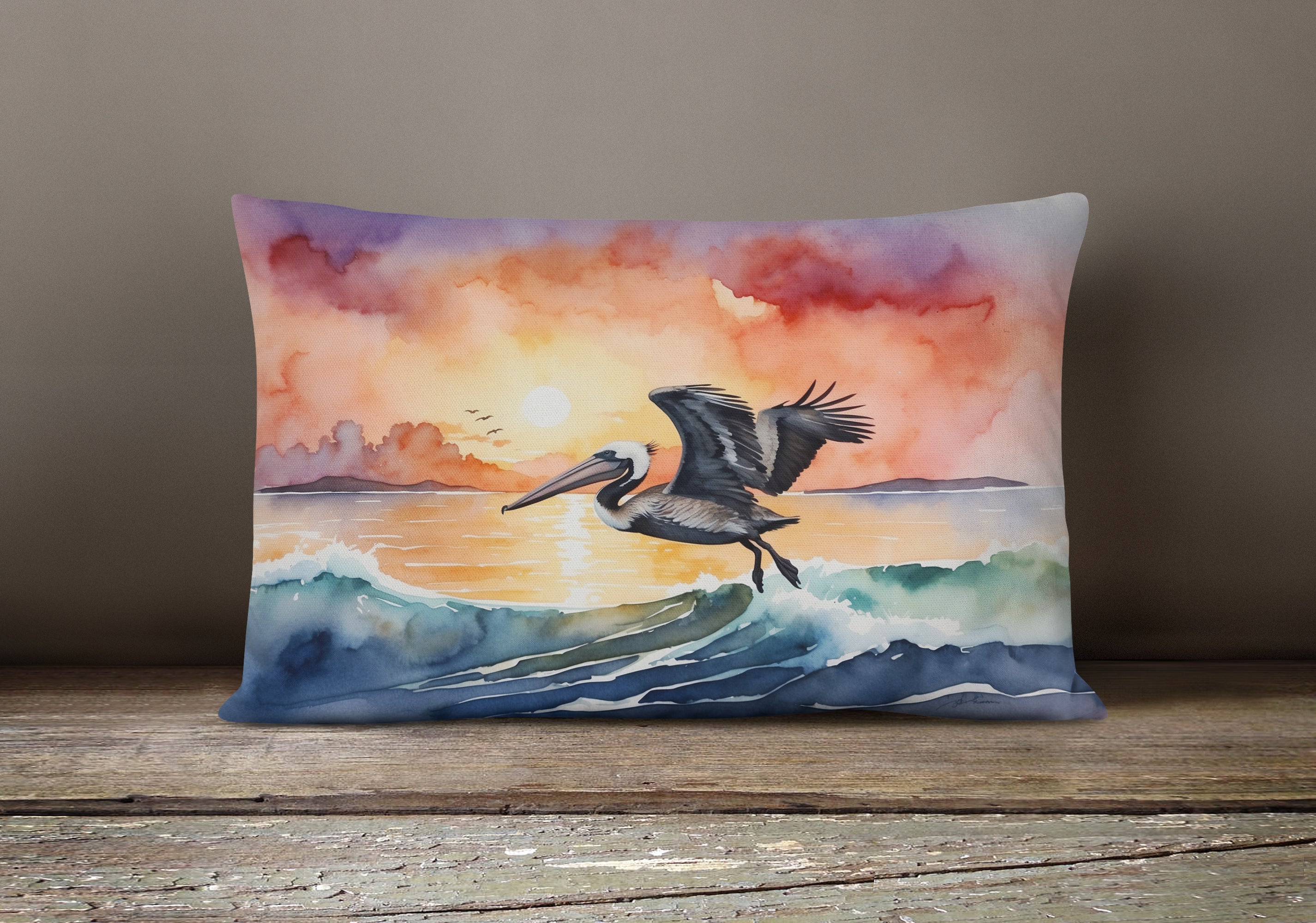 Pelican Ocean Waves Sunset Watercolor Decorative Throw Pillow 12x16 Indoor Outdoor Accent Cushion, Fabric Cover with Insert for Sofa, Bed, Porch & Living Room
