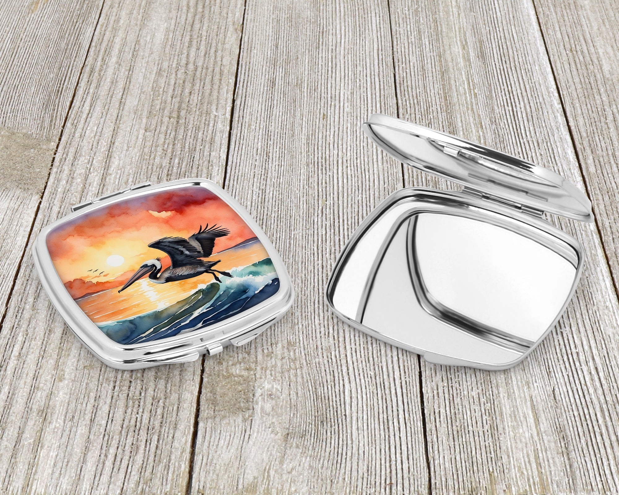 Pelican Ocean Waves Sunset Watercolor Compact Mirror Decorative Travel Makeup Mirror for Women Girls Gifts Pocket Makeup Mirror Folding Handheld