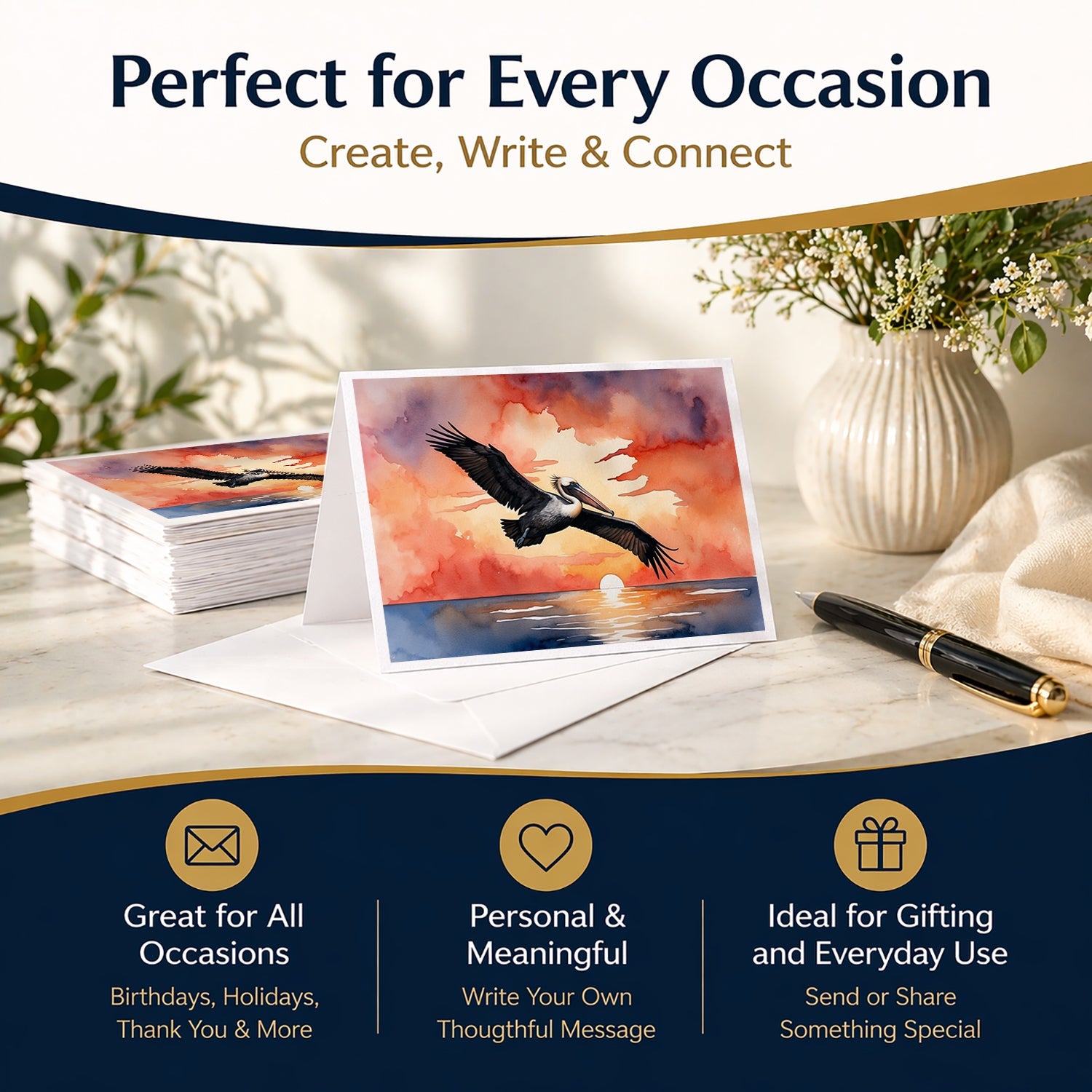 Pelican Sunset Sky Flight Watercolor Greeting Cards Pack of 8 Blank Cards with Envelopes Whimsical A7 Size 5x7