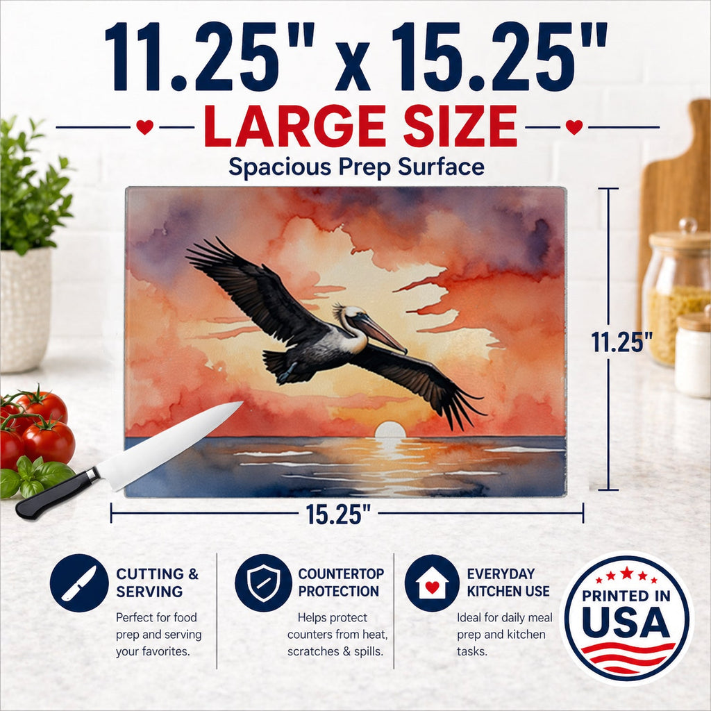 Pelican Sunset Sky Flight Watercolor Cutting Board Tempered Glass Kitchen Cutting Surface, Heat Resistant Chopping, Non-Slip Feet, Food Prep & Serving
