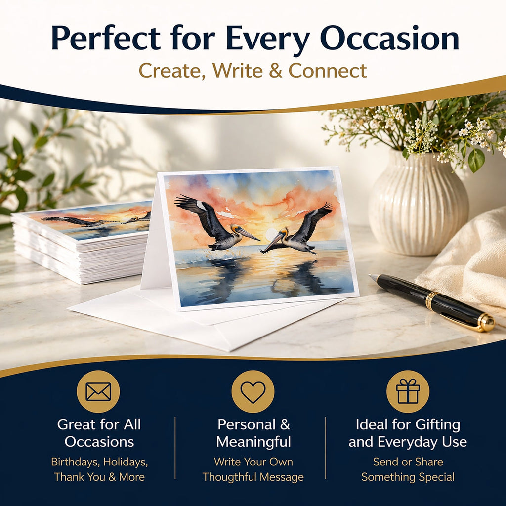 Pelicans Flying Over Water Watercolor Greeting Cards Pack of 8 Blank Cards with Envelopes Whimsical A7 Size 5x7