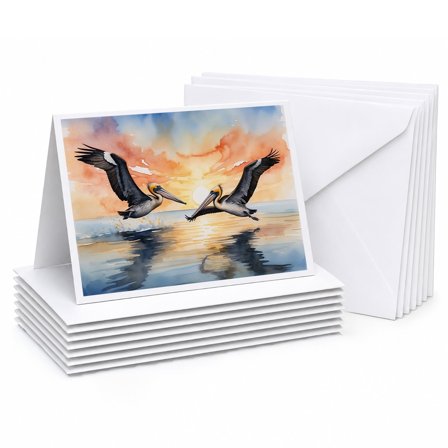 Pelicans Flying Over Water Watercolor Greeting Cards Pack of 8 Blank Cards with Envelopes Whimsical A7 Size 5x7