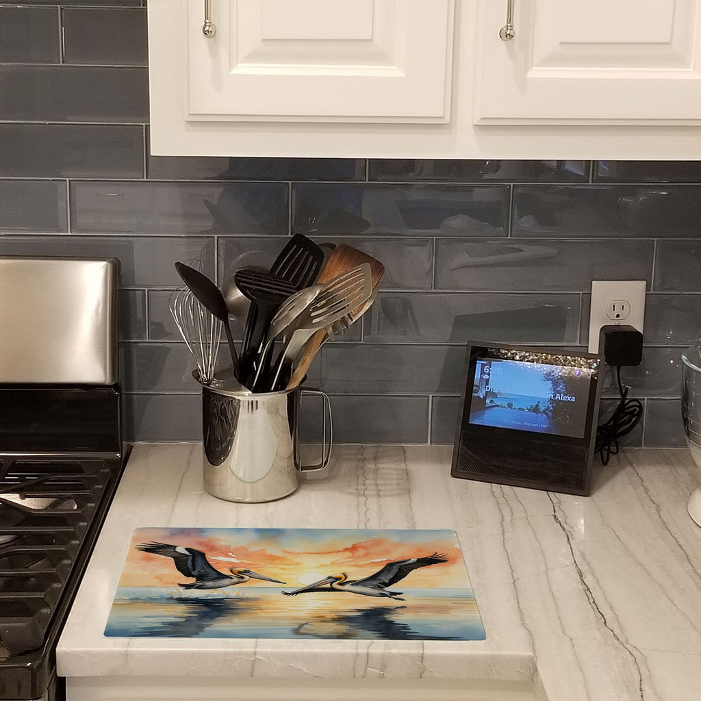 Pelicans Flying Over Water Watercolor Cutting Board Tempered Glass Kitchen Cutting Surface, Heat Resistant Chopping, Non-Slip Feet, Food Prep & Serving