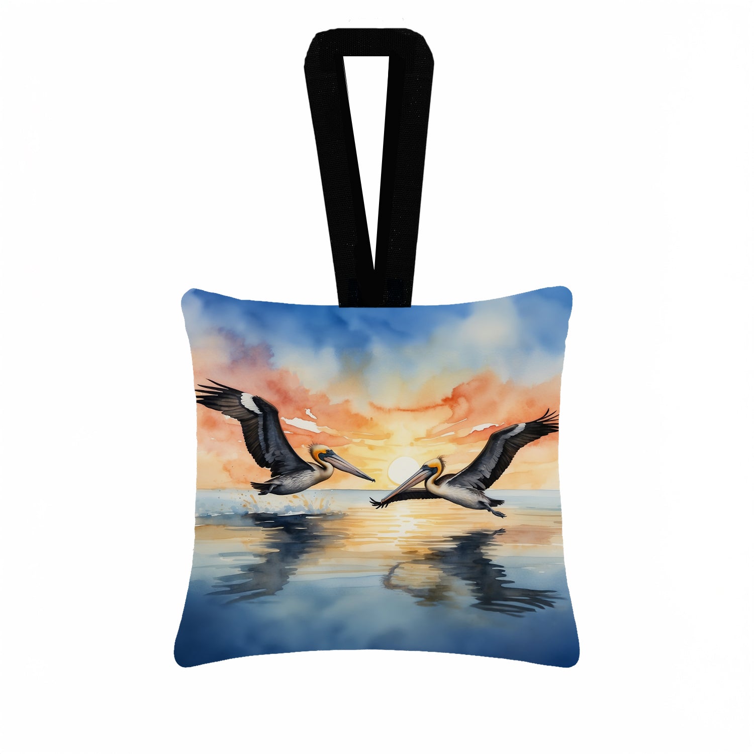 Pelicans Flying Over Water Watercolor Hanging Square Fabric Ornament 3.5 × 3.5 Decorative Door-Knob & Tree Hanger, Soft Fabric