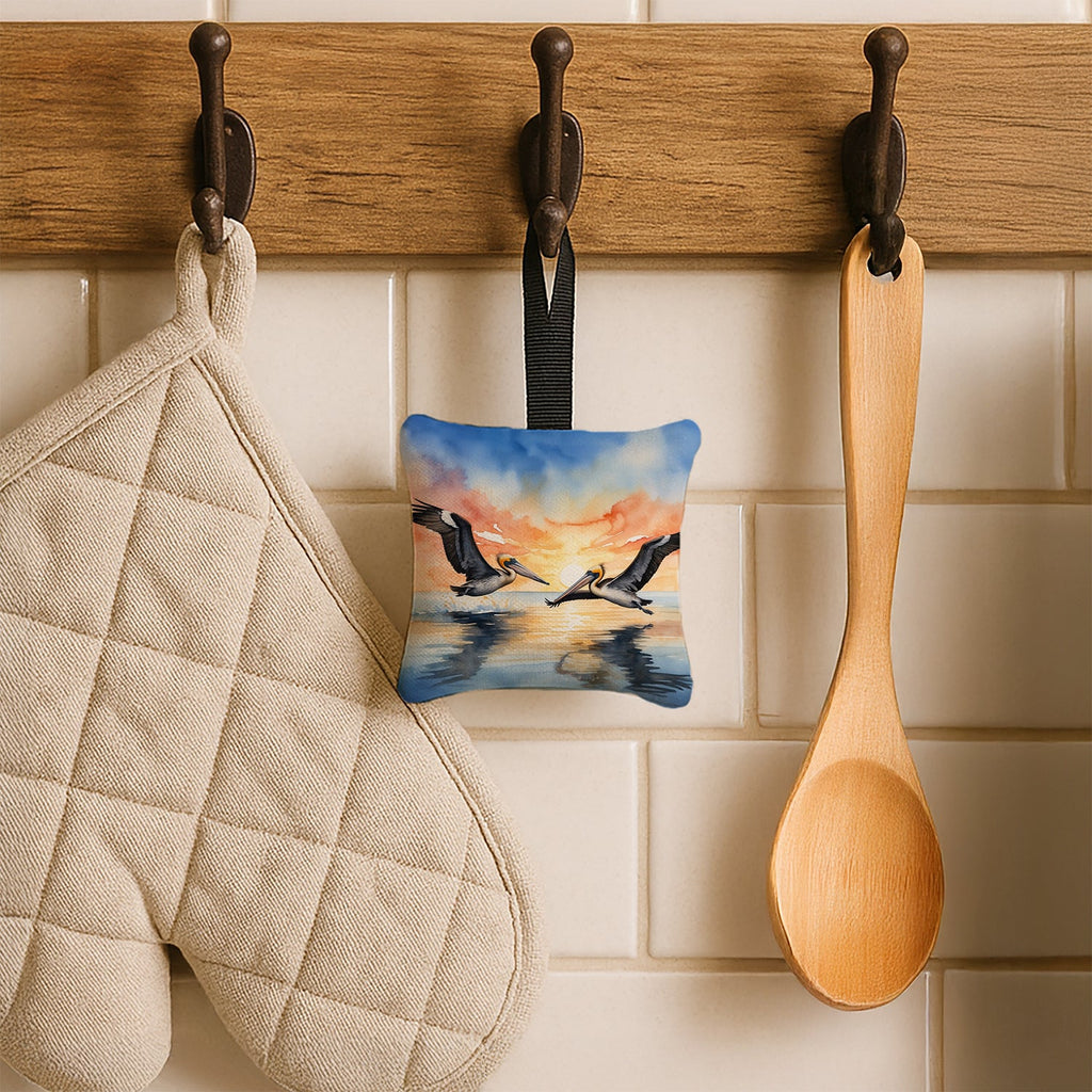 Pelicans Flying Over Water Watercolor Hanging Square Fabric Ornament 3.5 × 3.5 Decorative Door-Knob & Tree Hanger, Soft Fabric