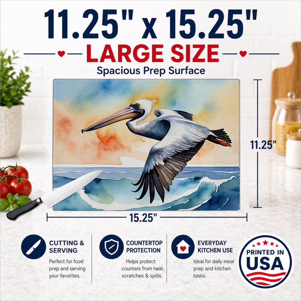Pelican Over Ocean Wave Watercolor Cutting Board Tempered Glass Kitchen Cutting Surface, Heat Resistant Chopping, Non-Slip Feet, Food Prep & Serving